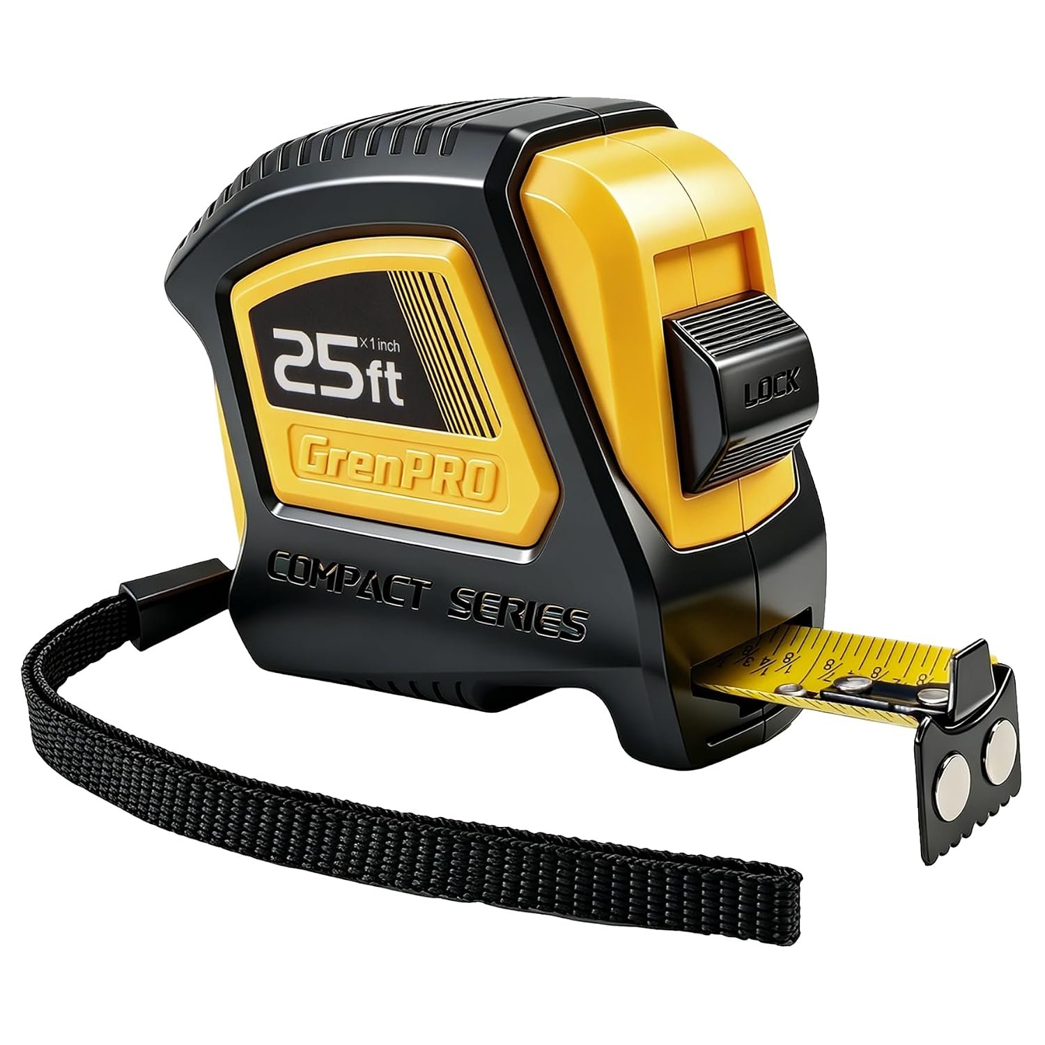 GRENPRO 25FT Magnetic Tape Measure, Double-Sided 1/32″, Nylon Coated Blade | Magnetic hook, 1/32″ precision, shock-absorbent case, wear-resistant blade, dual lock, belt clip for carpentry & woodworking