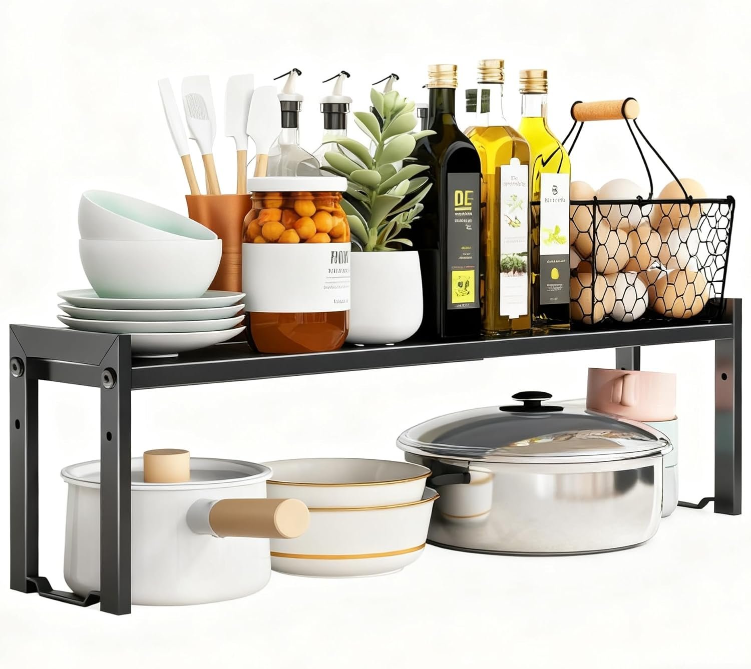 Expandable Cabinet Shelf Organizer 16-26″ L Stackable Kitchen Counter Shelf Rack Sink Riser Countertop Storage Black (Normal 7.9”D)