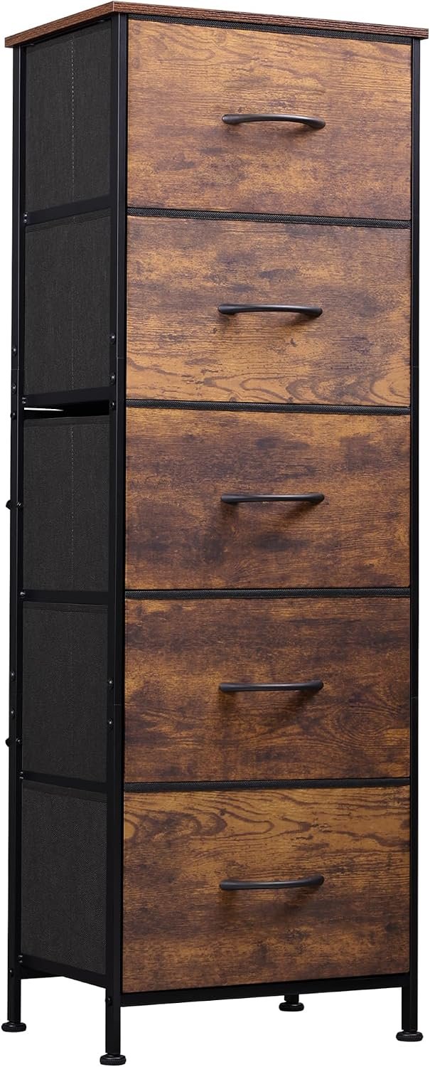 WLIVE Tall Dresser for Bedroom, 5 Drawer Dresser, Rustic Brown | 5 vertical fabric drawers, Tall vertical design, Bedroom or closet use, Dresser for small spaces, Chest of drawers