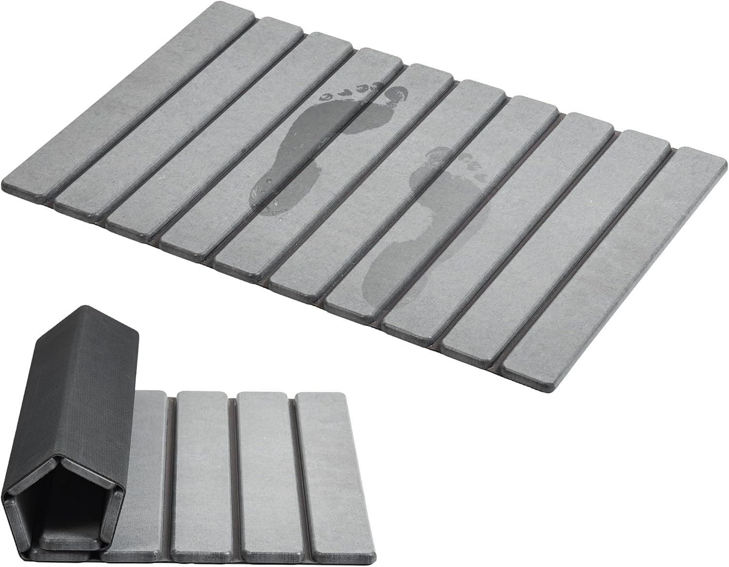AWW Foldable Stone Bath Mat, Diatomaceous, 23.6″x15.5″, Grey | Quick-dry surface, super absorbent, easy-clean finish, non-slip mat included, and compact storage for small bathrooms