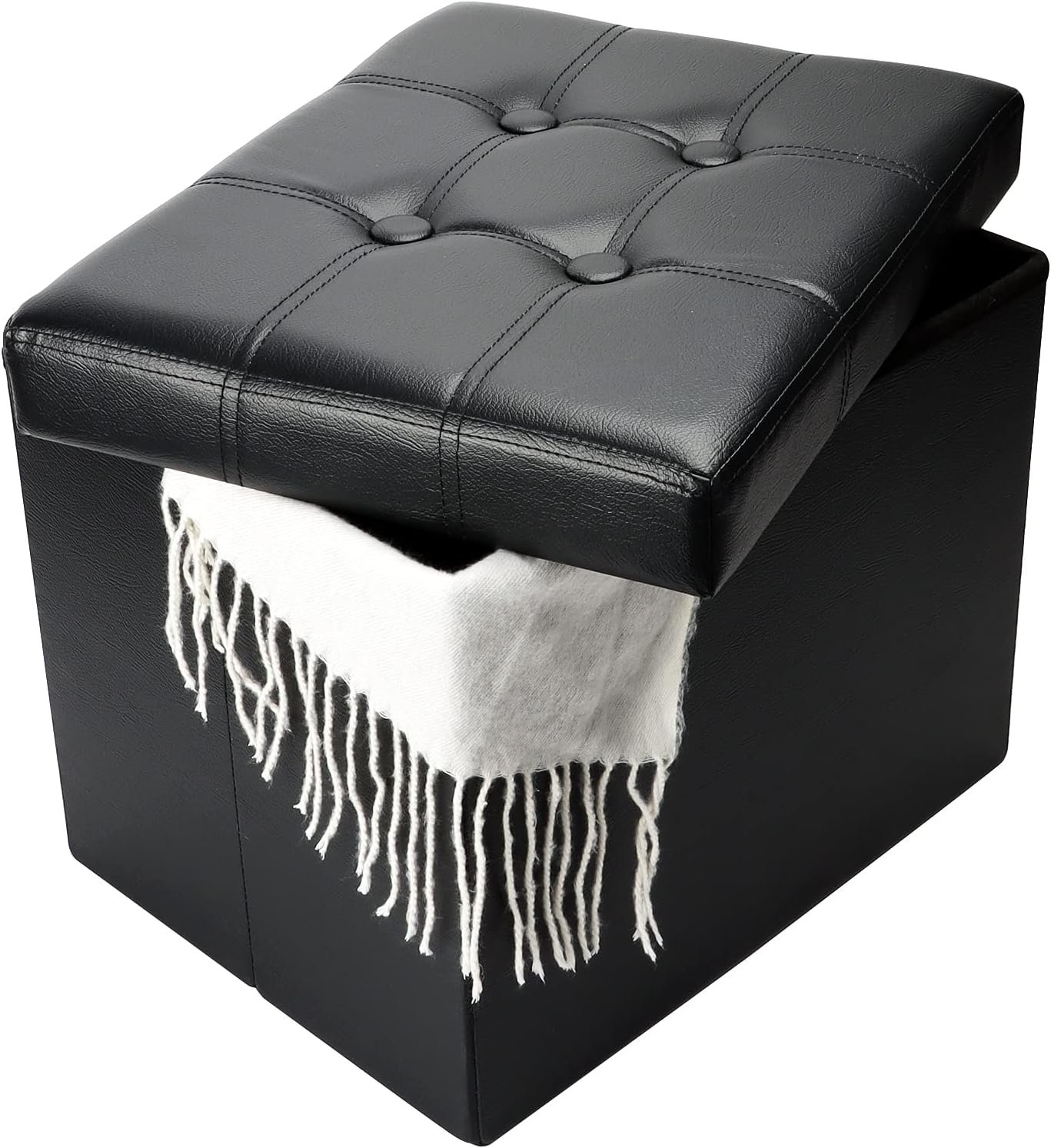 Bsketa Storage Ottoman, Folding Foot Stool with Thicker Foam Padded Seat Small Leather Storage Ottoman Bench Foot Rest for Living Room Foldable Coffee Table 17x13x13in,Black