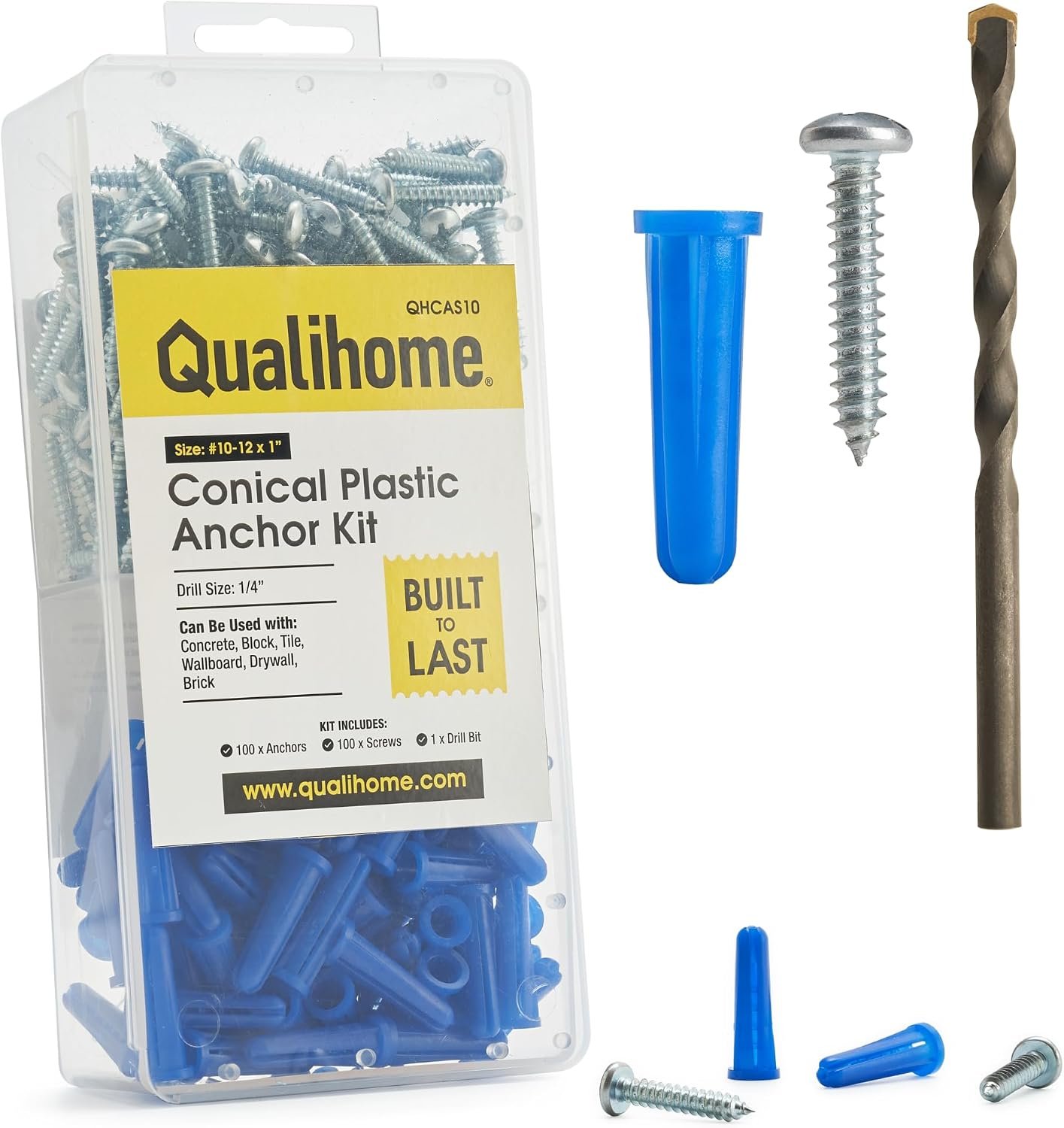 QUALIHOME Conical Concrete Anchors and Screws Kit, Plastic Conical Wall Anchors for Lightweight Fixtures in Concrete, Block, Brick, and More, 100 Pack of Concrete Anchors, Screws & 1 x 1/4″ Drill Bit