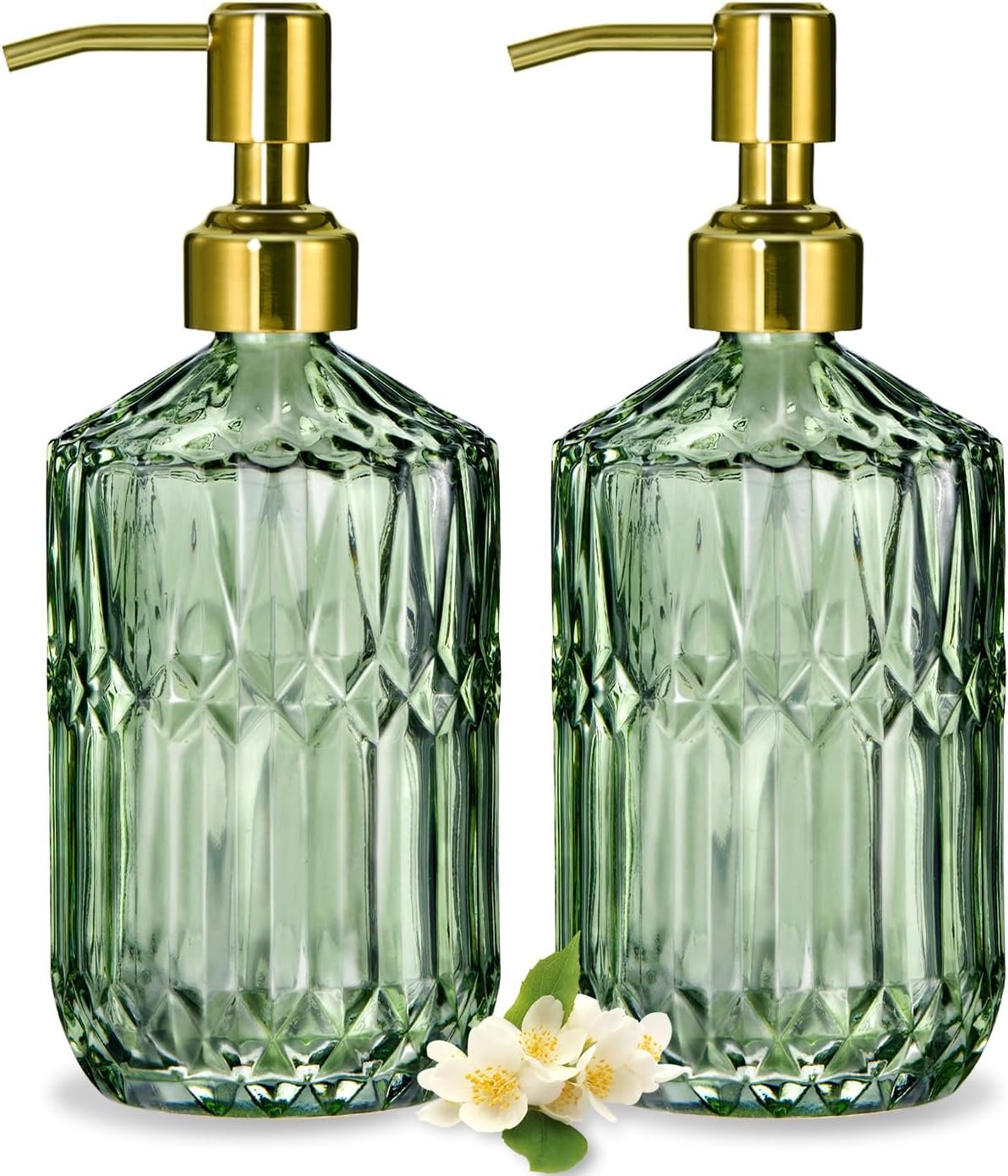 COHOSEGE 17 Oz Green Glass Kitchen Soap Dispenser for Dish Soap, 2 Pack Bathroom Soap Dispenser Set with Gold Rust Proof Pump for Lotion, Hand soap or Body Wash
