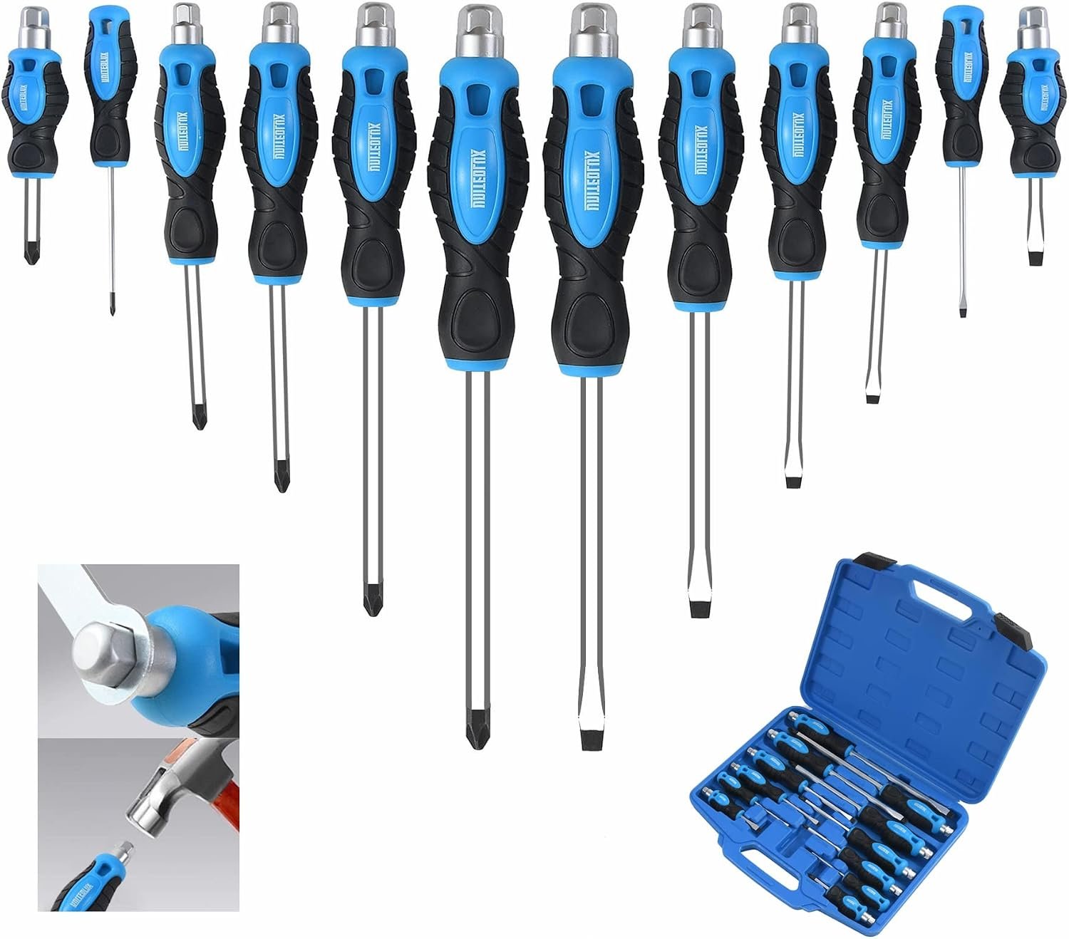 12-Piece Magnetic Screwdriver Set, Heavy Duty Screwdriver Set Go-Thru Steel Blades, High Torque 6 Phillips & 6 Flat Head Tips Screwdrivers Set with Case