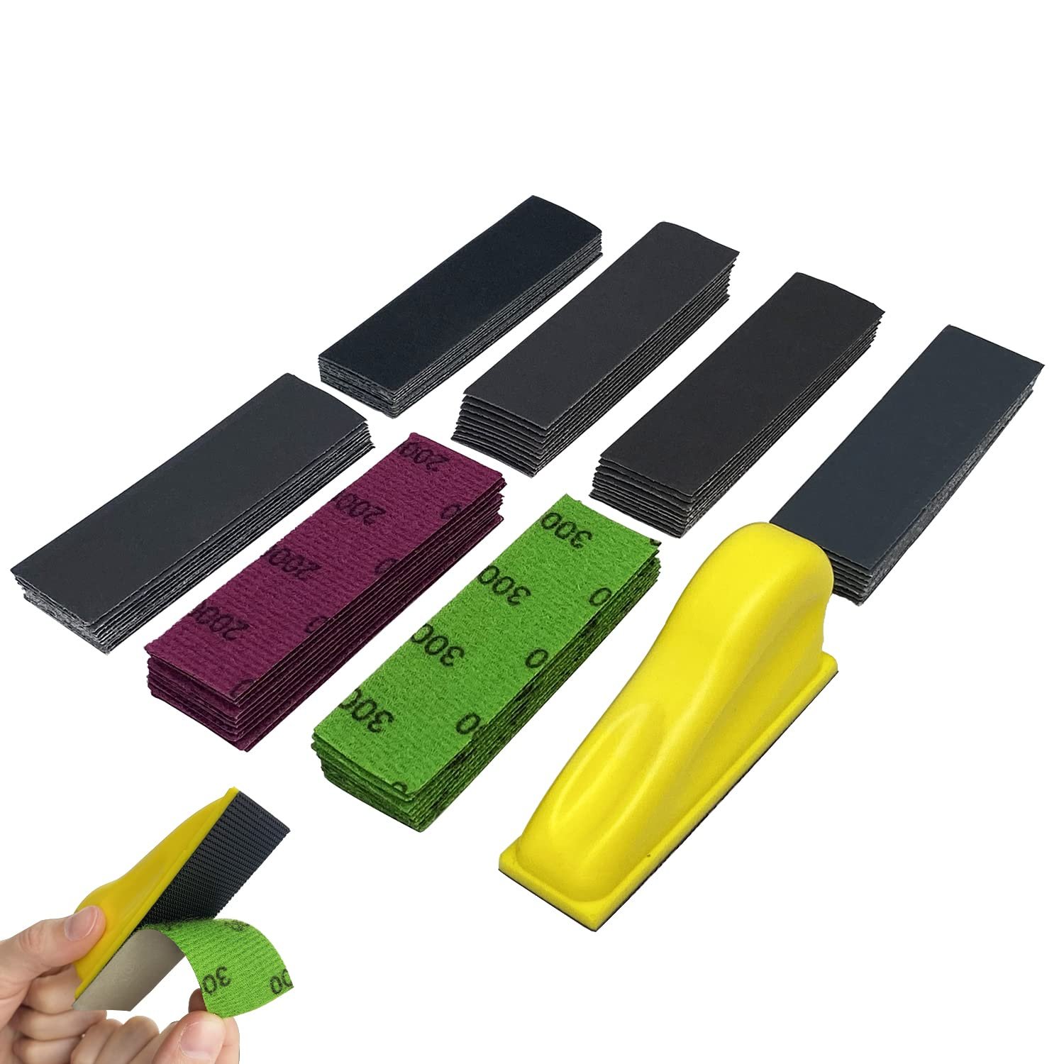 70PCS Micro Detail Sander Kit, Silicon Carbide Wet Dry Sandpaper | 400/600/800/1000/1500/2000/3000 Grit, 3.5″x1″ Hand Sanding Block with Hook Loop Strips for Craft, Wood and DIY