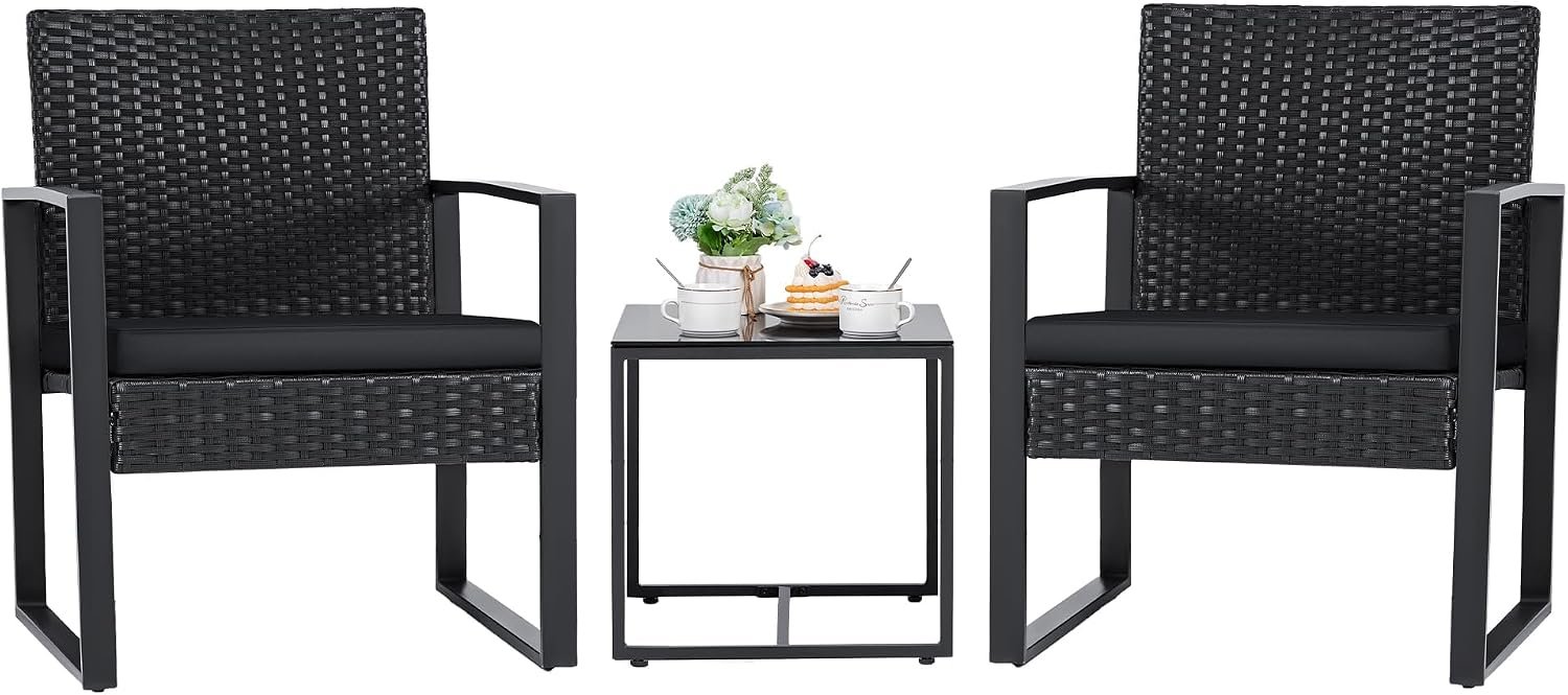 Flamaker 3 Pieces Outdoor Patio Wicker Furniture Set, Modern Rattan Chair Conversation Sets with Coffee Table for Yard and Bistro (Black)
