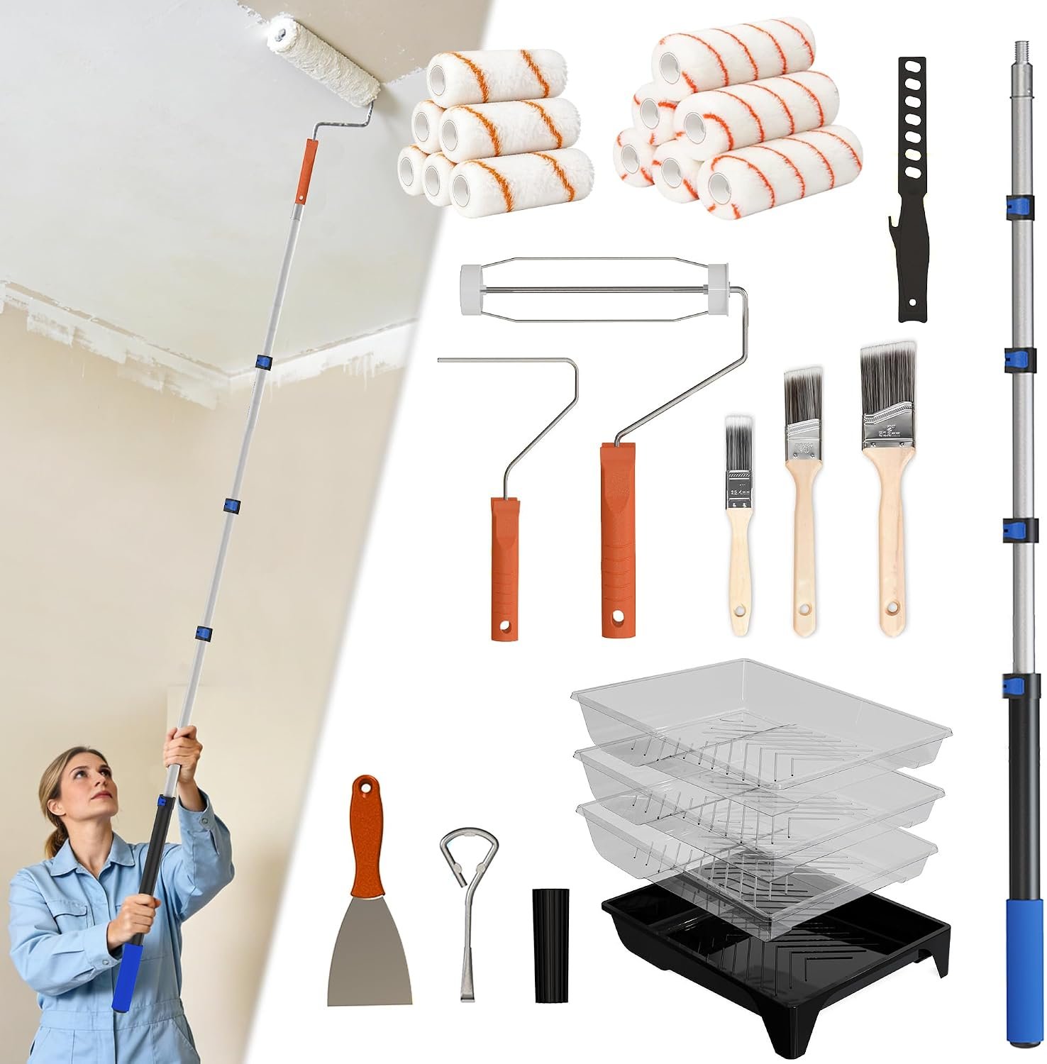 Paint Roller Kit with Extension Pole, 2-4FT Adjustable Pole, Professional 27-Piece Paint Kit, 4″9″ Paint Rollers, Paint Brushes for Walls, Works with All Latex, Oil-Based Paints and Wood Finishes