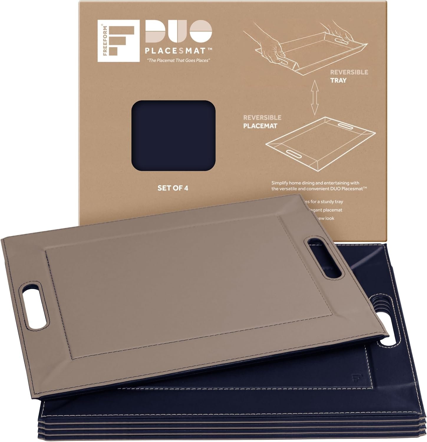 2-in-1 Serving Tray & Placemat | Faux Leather & Reversible | Lays Flat as a Placemat or Folds into an Ottoman Food Tray, Easy to Clean