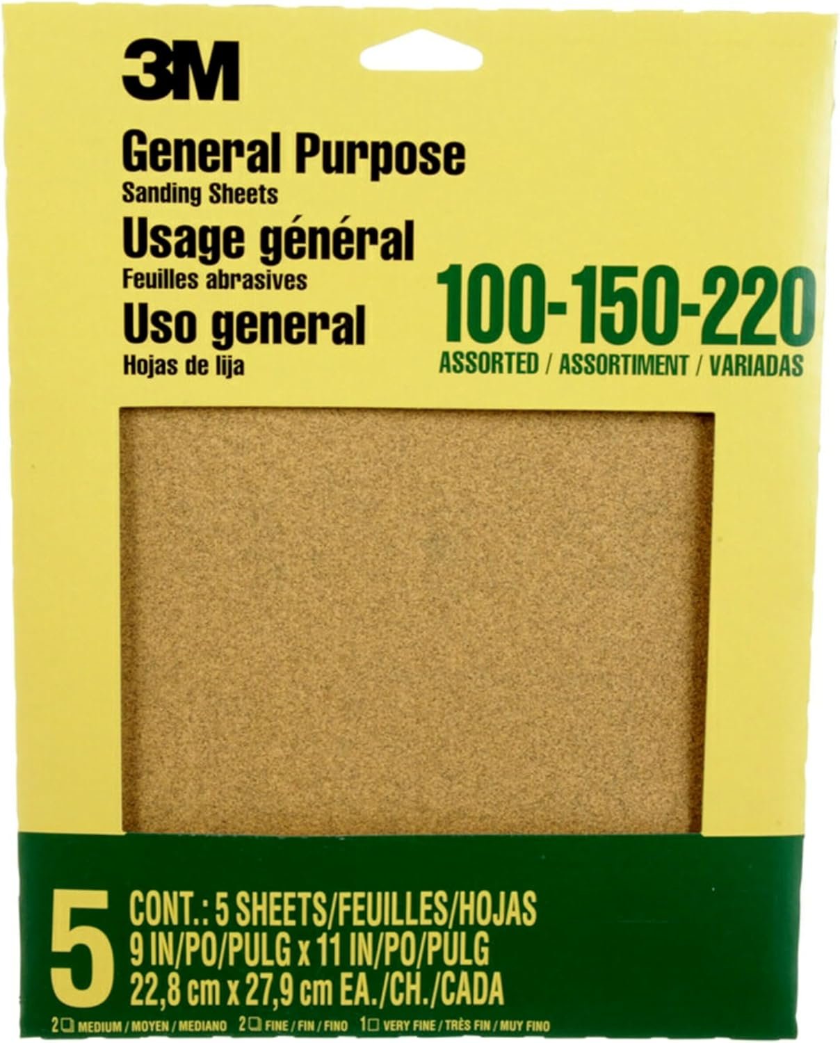 3M Aluminum Oxide Sandpaper, 5 Sheets, Assorted Grit 100-150-220, 9 x 11 in | 100-150-220 Grit, Multi-Purpose Abrasive Sanding Paper, For General Purpose Sanding On Paint, Wood and Metal (9005NA)