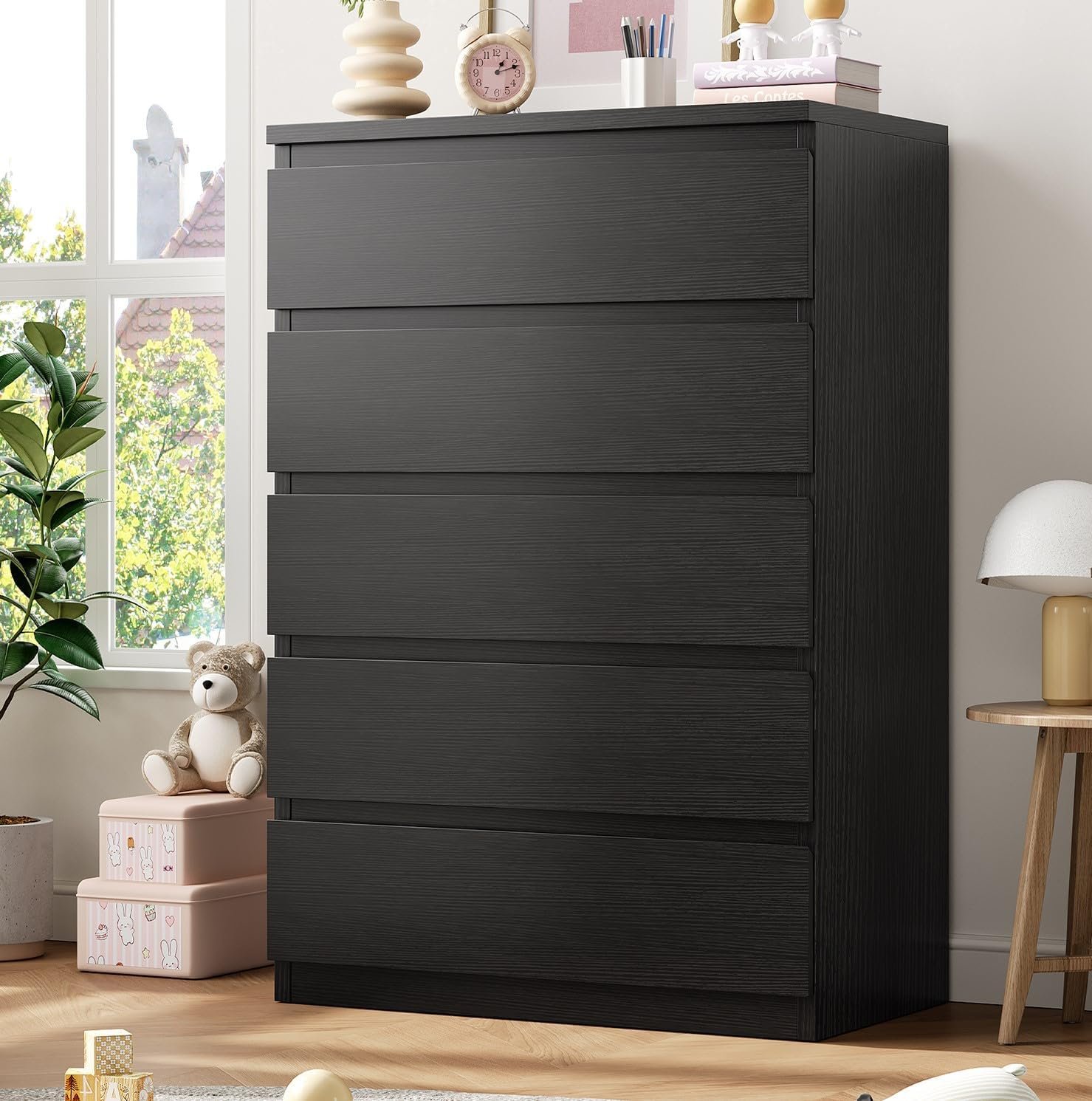 Jocoevol Black 5 Drawer Dresser for Bedroom, 15″ D x 23.7″ W x 40.4″ H in Simply Chest of Drawers, Wood Storage Dresser with Drawers for Living Room Hallway Entryway, Black