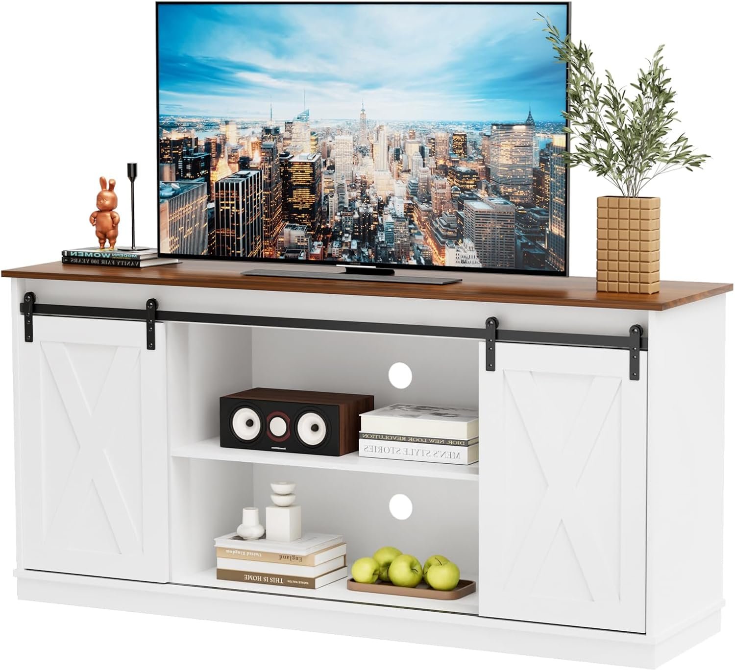 DUMOS TV Stand for 65 Inch Television, Entertainment Center with Storage Shelves, Mid Century Modern Media TV Console Table for Bedroom Living Room, Office Furniture, White