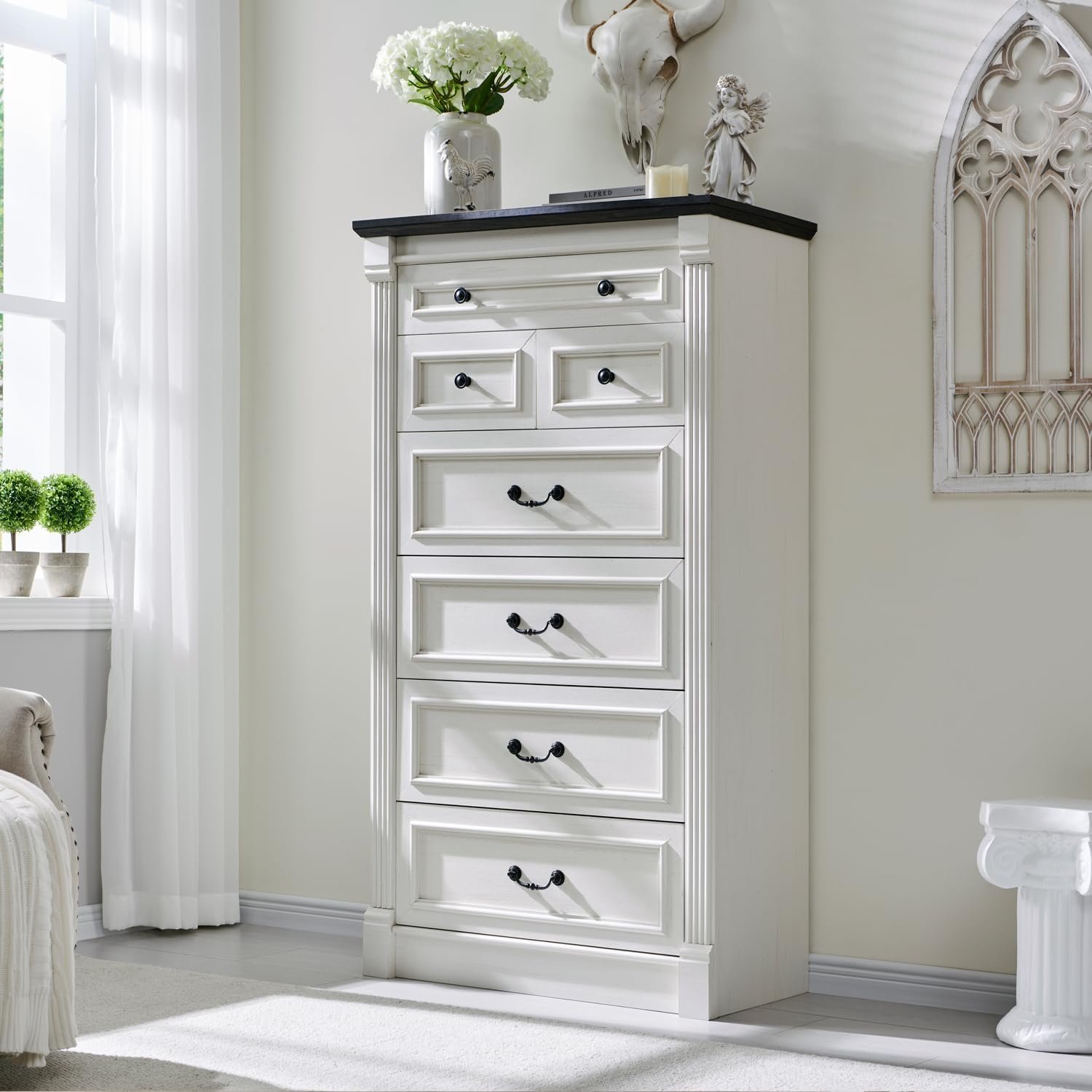 Aitjunz Farmhouse 7 Drawers Dresser for Bedroom, 57″ Tall Dressers & Chests of Drawers w/Roman Column, Large Storage Dressers Organizer for Bedroom, Hallway, Living Room, White