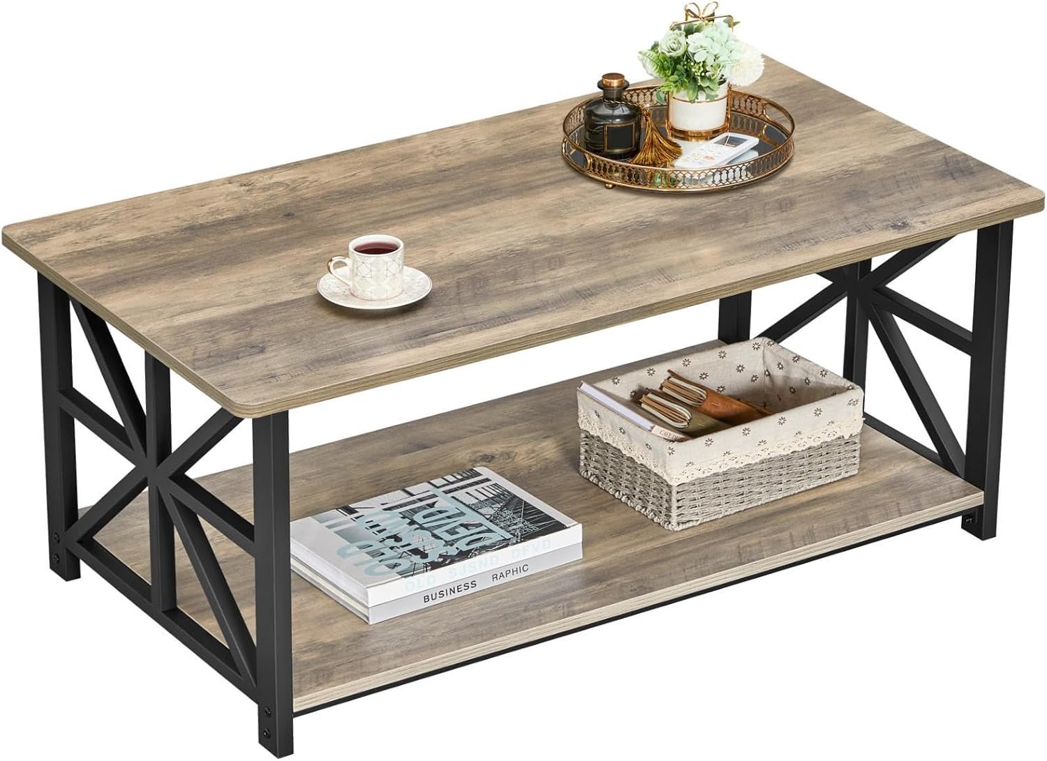GreenForest Round Corners Coffee Table for Living Room | Rustic Style Center Table with Storage Shelf,39 Inch Space Saving Sofa Table,Easy Assembly,Gray Wash