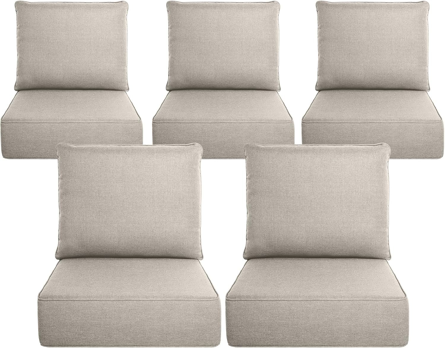 Belord Luxury 6″ Thick Outdoor Cushion 5 Set – 24 x24 Inch 28D Sponge Filling Fade-Resistant Chair Cushion, Spill Proof Removable Patio Furniture Replacement Cushion for Sofa Bench Swing – Beige
