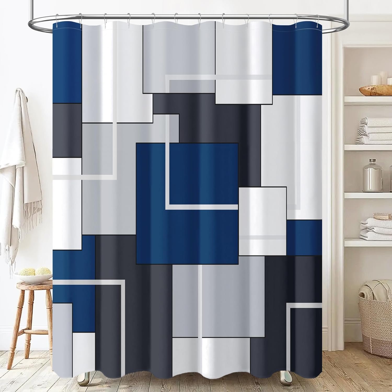 Navy Blue Modern Geometric Waterproof Fabric Shower Curtain, 72×72 | Premium Polyester, Decorative Shower Curtain for Bathroom, Vibrant Color, Wrinkle-resistant, Quick-Dry, Machine Washable