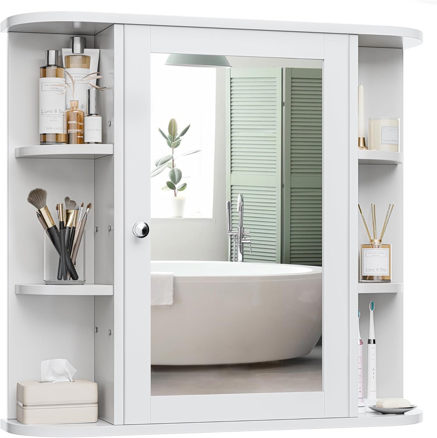 Bathroom Medicine Cabinet, Bathroom Mirror Cabinet Wall Mounted with 6 Side Open Shelves, White Wall Cabinet with Mirror, White