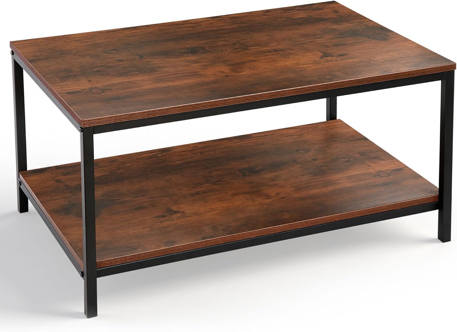 SUPER DEAL 2-Tier Industrial Coffee Table with Storage Shelf for Small Apartment Living Room, Rectangle Wood and Stable Metal TV Stand Side End Table, Rustic Brown