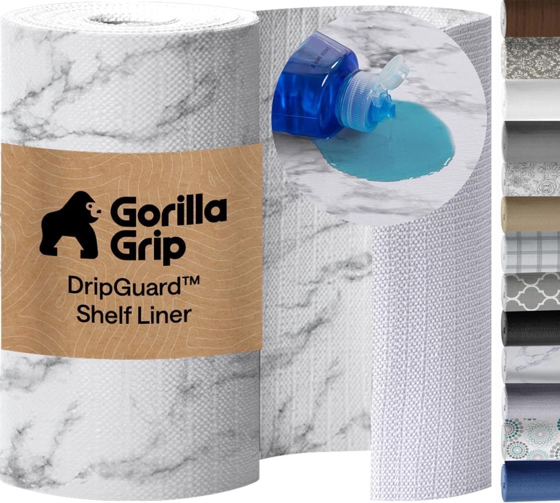 GORILLA GRIP DripGuard Shelf Liner, Non-Adhesive Drawer and Kitchen Cabinet Protector, Strong Grip Slip Resistant Underside, Smooth Surface Liners for Cabinets, Bathrooms, Closets, 12×120 Inch, Marble