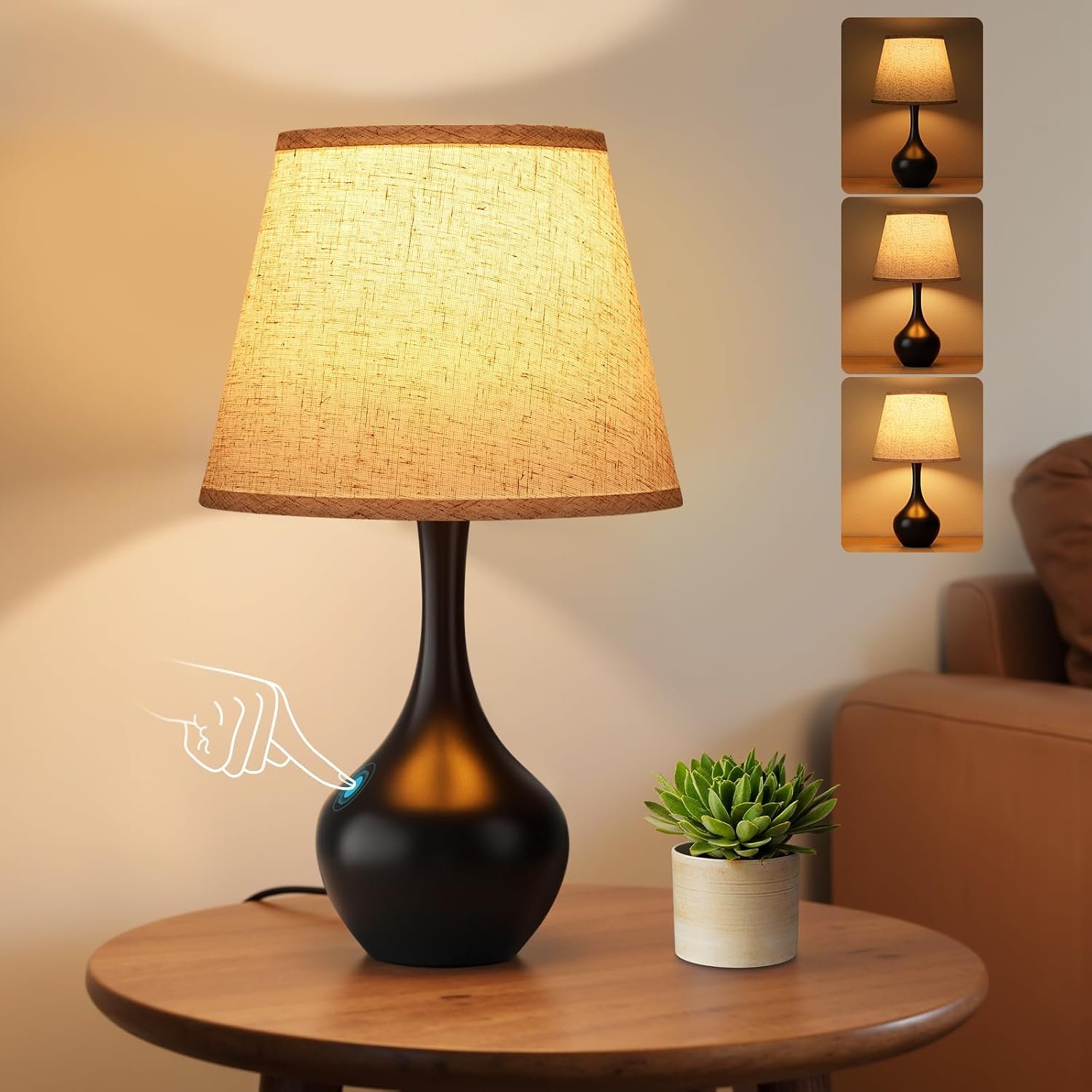 16.1″ Touch Table Lamp for Nightstand, 3 Way Dimmable Small Bedroom Lamp | Touch Control, Bulb Included, Black Bedside Lamps for Desk, Night Stands, Living Room, End Table, Corded