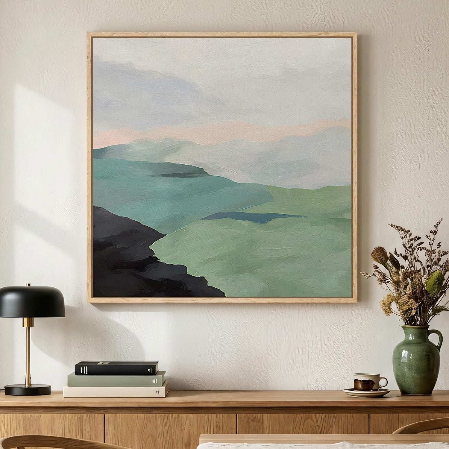 Framed Modern Neutral Green Landscape Abstract Wall Art, Square Minimalist Canvas Prints Paintings for Walls, Sage Green Nature Mountain Scene Pictures for Dining Bedroom Hallway Wall Decor 24×24 In