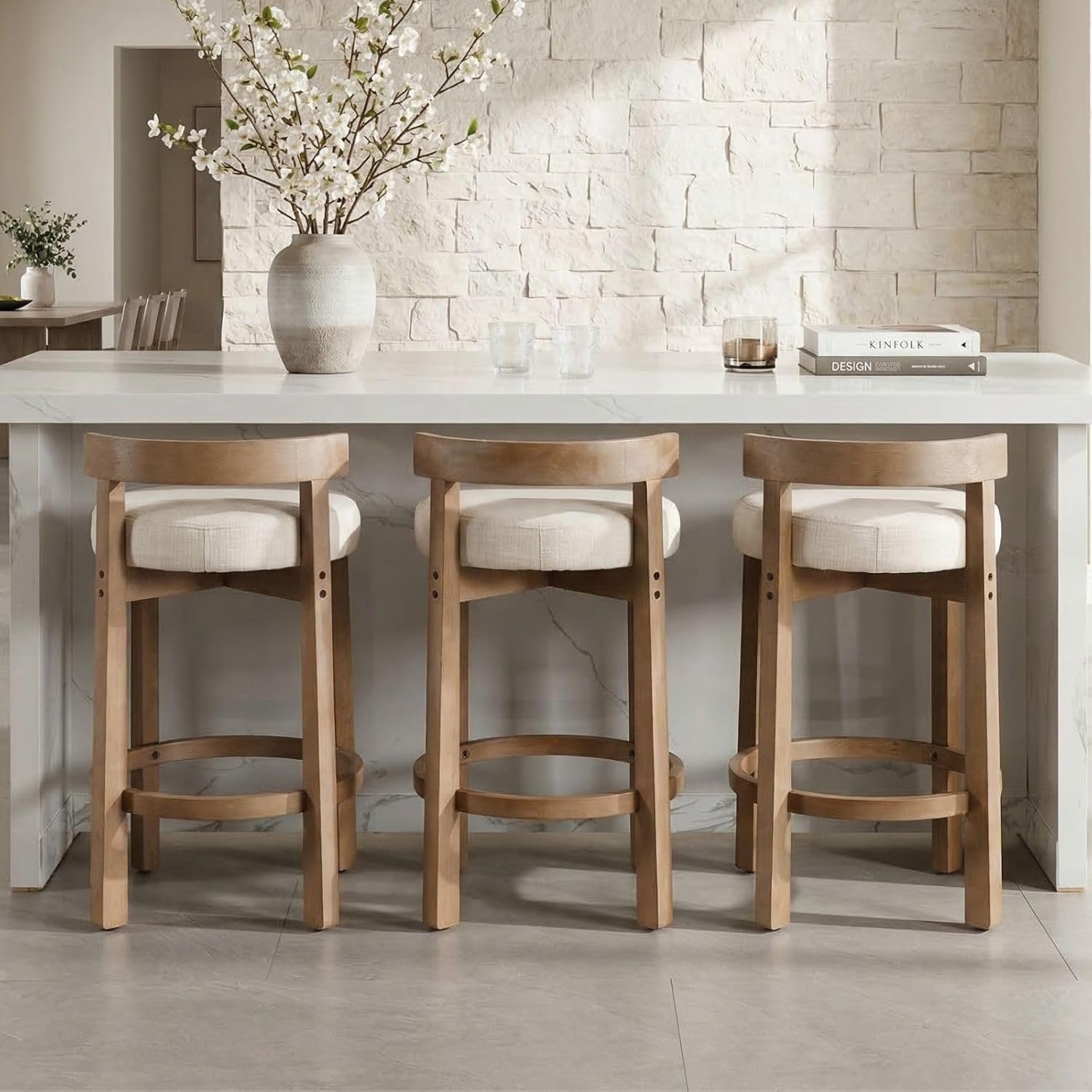 LukeAlon Mid Century Linen Counter Stools Set of 3, Upholstered 26.5″ Seat Height Low Barstools with Natural Wood Legs Round Low Back Kitchen Stools with Footrest for Dining Room, Beige
