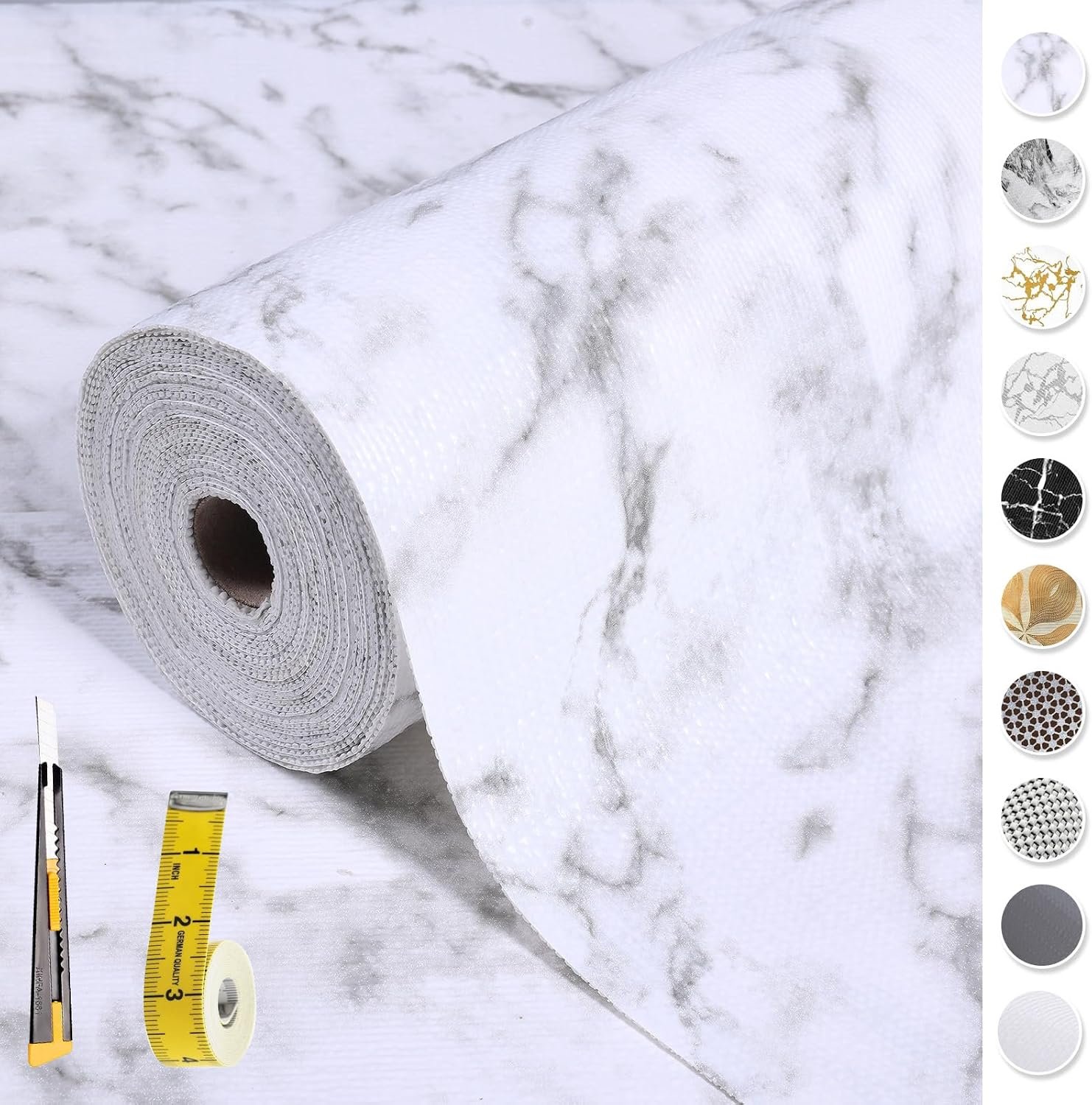 2-Layer Drawer and Shelf Liner for Kitchen Cabinet: 12 in X 20 Ft Non Slip Waterproof Shelf Paper Non Adhesive Refrigerator Liners White Marble Easy Liners for Bathroom with Knife Tape Measure | Waterproof Shelf Paper Non Adhesive Refrigerator Liners White Marble Easy Liners for Bathroom with Knife Tape Measure