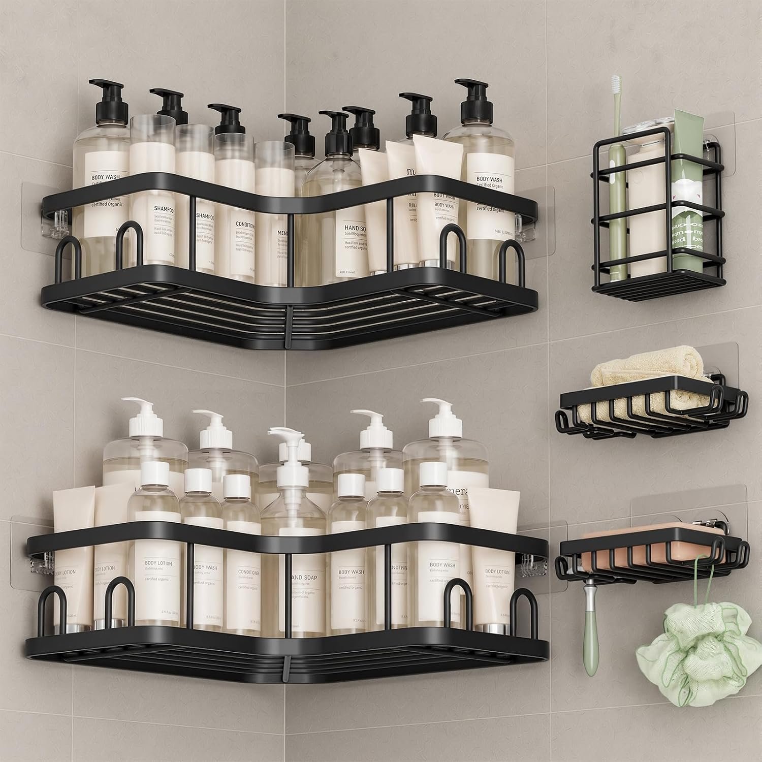 Veken Large Capacity Corner Shower Caddy 5-Pack, Advanced Rustproof Design | No Drilling Adhesive Shelves, Rack with Soap Holder & Hooks, Thickened Metal Frame, Bathroom Organizers and Storage, Black
