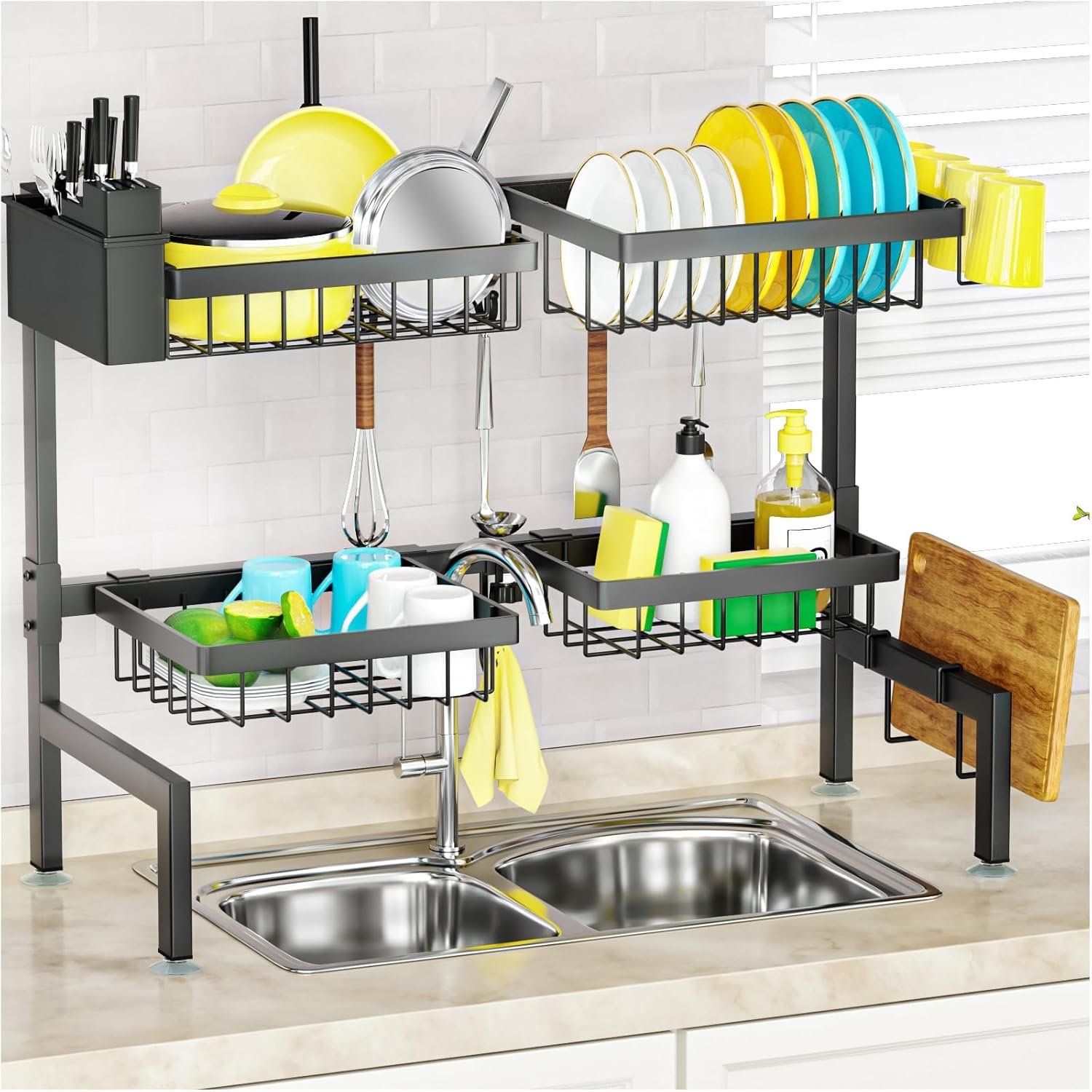 SNSLXH 4 Baskets 2-Tier Over The Sink Dish Drying Rack, 26.57″-35″ | Large Dish Drying Rack for Kitchen, Extensible and Adjustable, Saving Kitchen Space