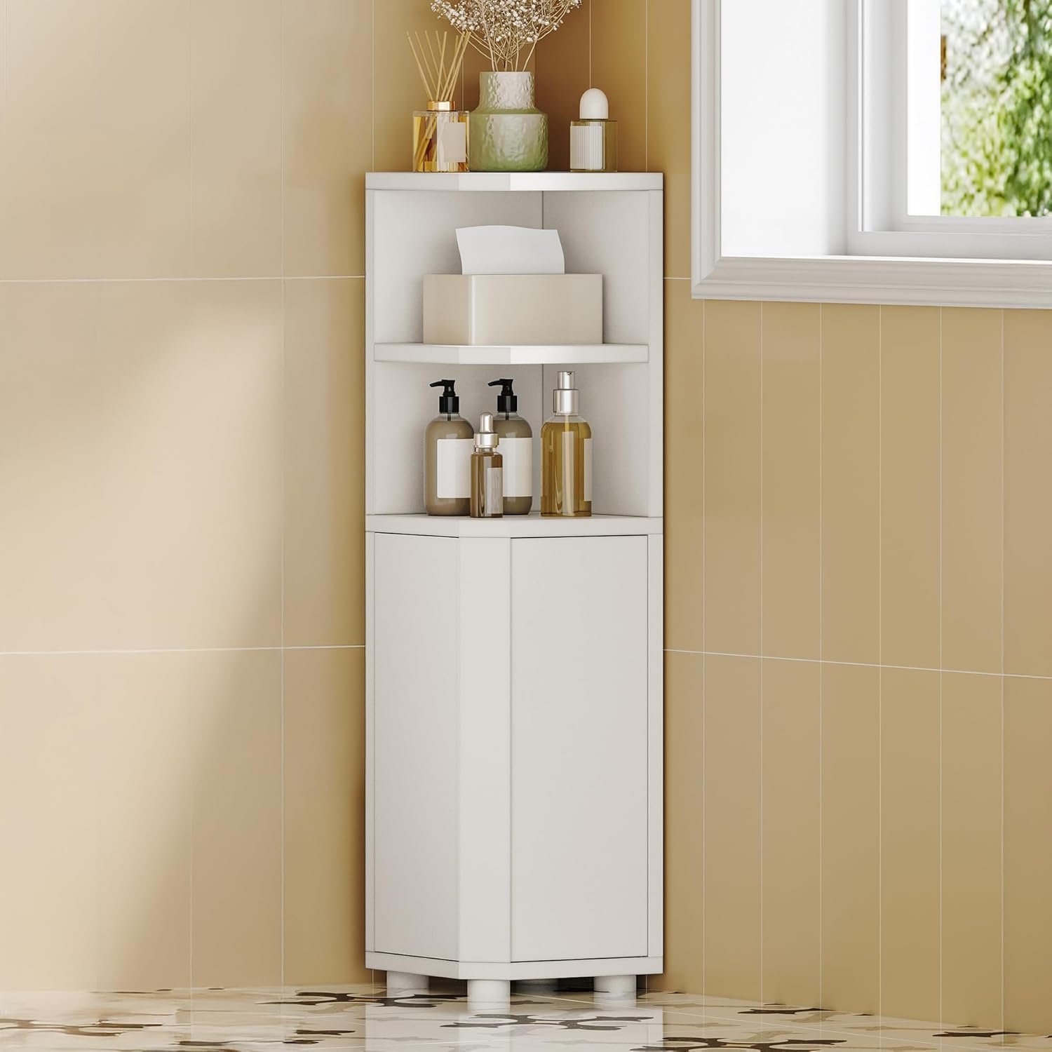 Hzuaneri Corner Cabinet, Small Bathroom Corner Cabinet with Doors | Narrow Storage Cabinets with Adjustable Shelves, Bathroom Organizers and Storage for Small Space, White BC20003X