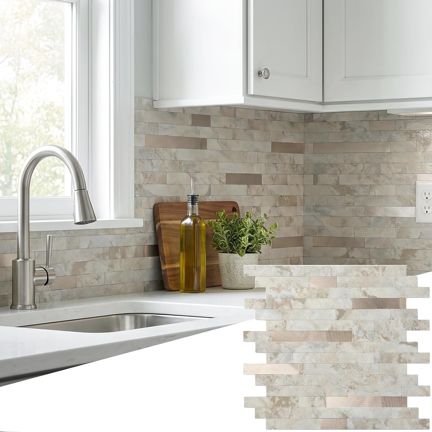 Yipscazo 2026 New Upgrade 11.34″ X 11.57″ Peel and Stick Backsplash, Stick on Backsplash Tiles for Kitchen, Bathroom, Fireplace (10 Sheets, Beige Rocks + Rose Gold)