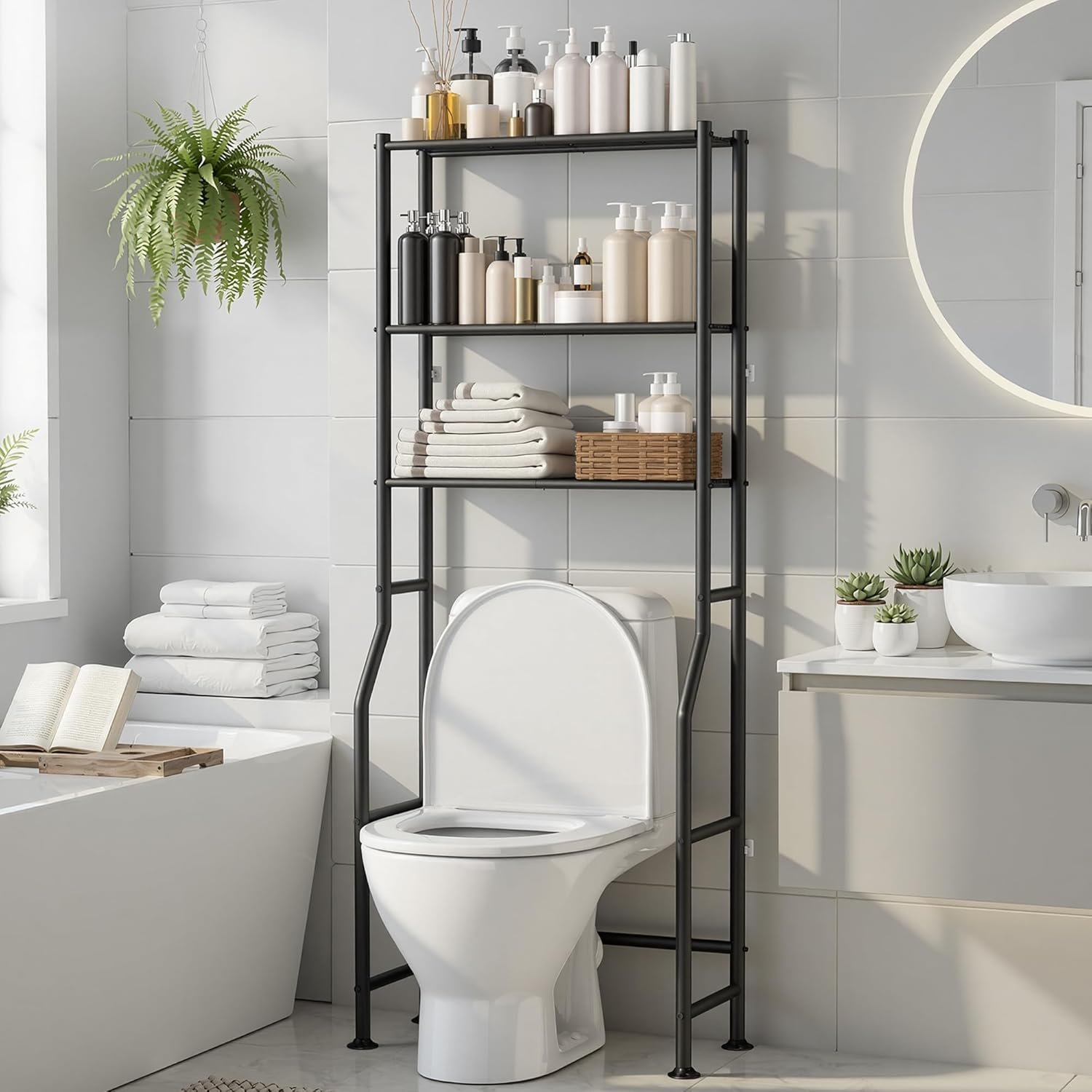 3-Tier Over The Toilet Storage, Freestanding Metal Bathroom Shelves, Space Saver Above The Over Toilet Storage Shelf for Bathroom (Black)