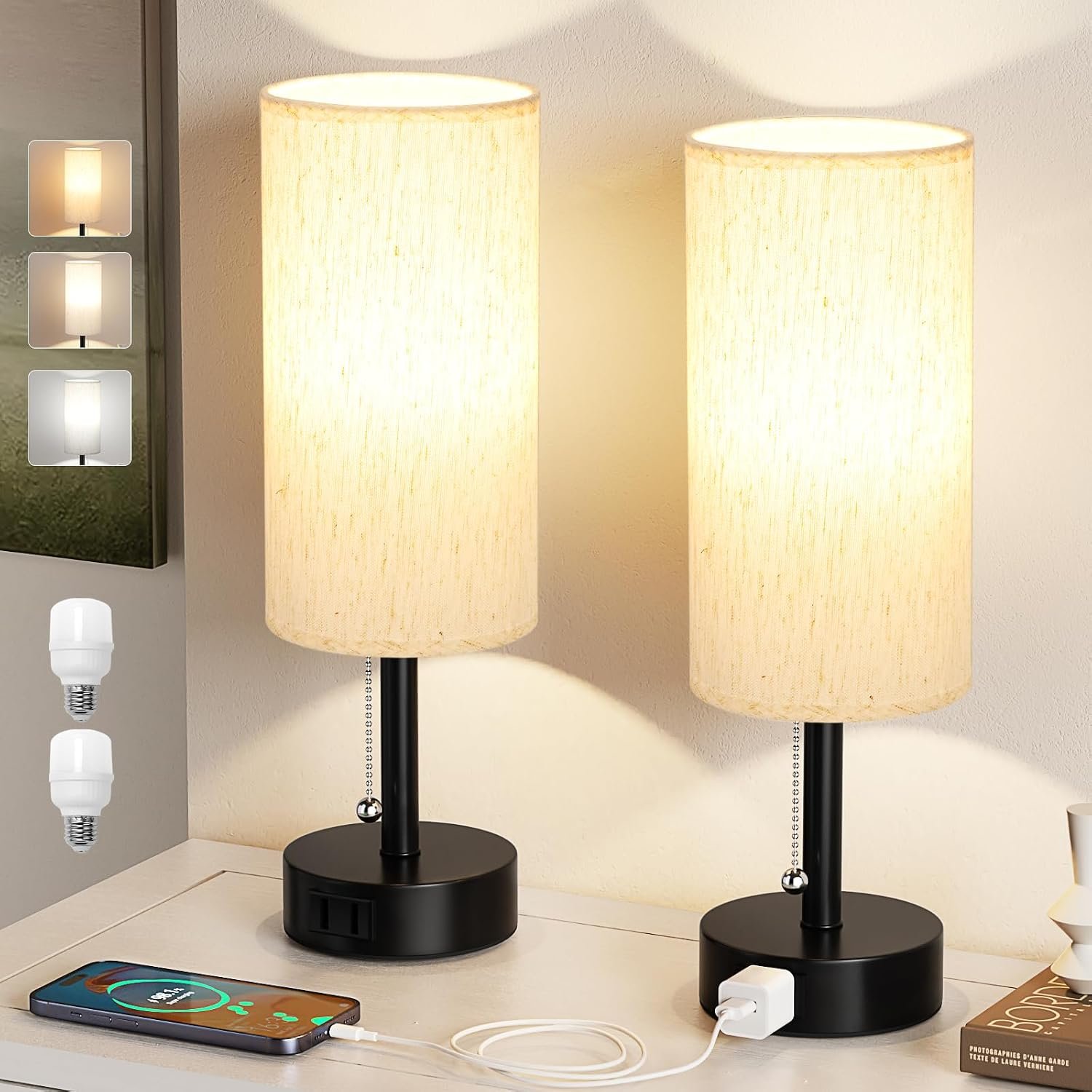 Bedside Table Lamps Set of 2 – Bedroom Lamp for Desk, AC Outlet | 3CCT(3000K/4000K/5000K), LED Bulbs Included, Cream Fabric Lampshade, 14in Small Lamp for Nightstand, Guest Room, Living Room
