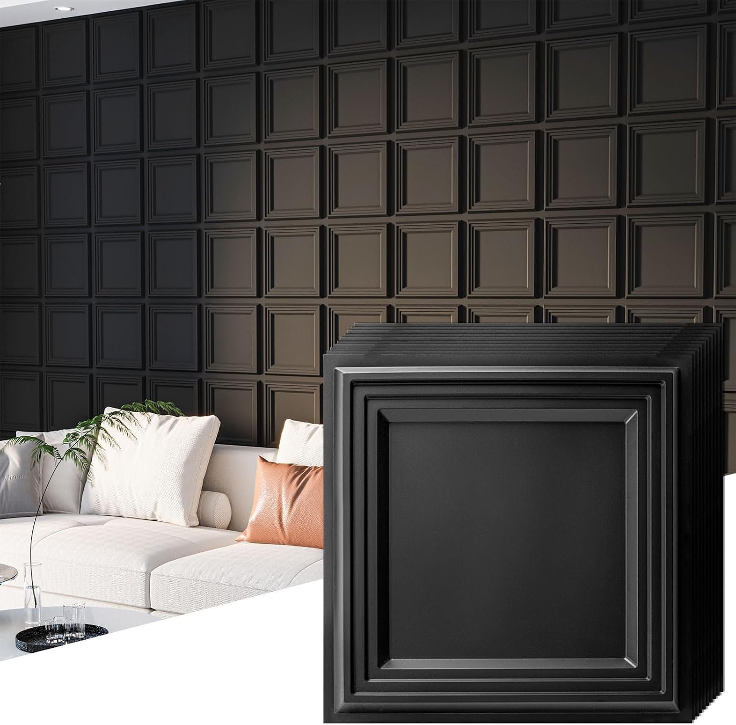 Art3d 33-Pack 3D Wall Panel for Interior Wall Décor, Diamond Textured PVC Accent Wall Paneling for Living Room Bedroom Office TV Wall Background, 11.8″x11.8″ Cover 32.Sq.Ft., Black