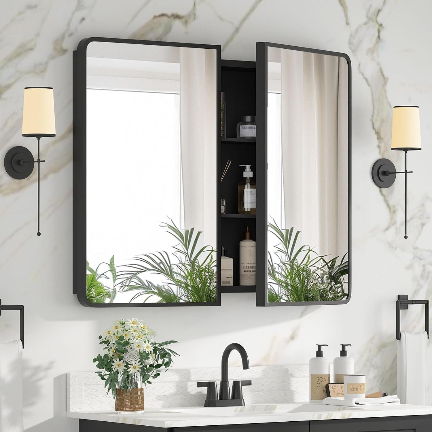 Bathroom Medicine Cabinet with Mirror 24 x 30 Inch, Black Medicine Cabinet Recessed or Surface Wall-Mounted, Mirrored Cabinets with Sturdy Metal Adjustable Shelves for Bathroom Vanity