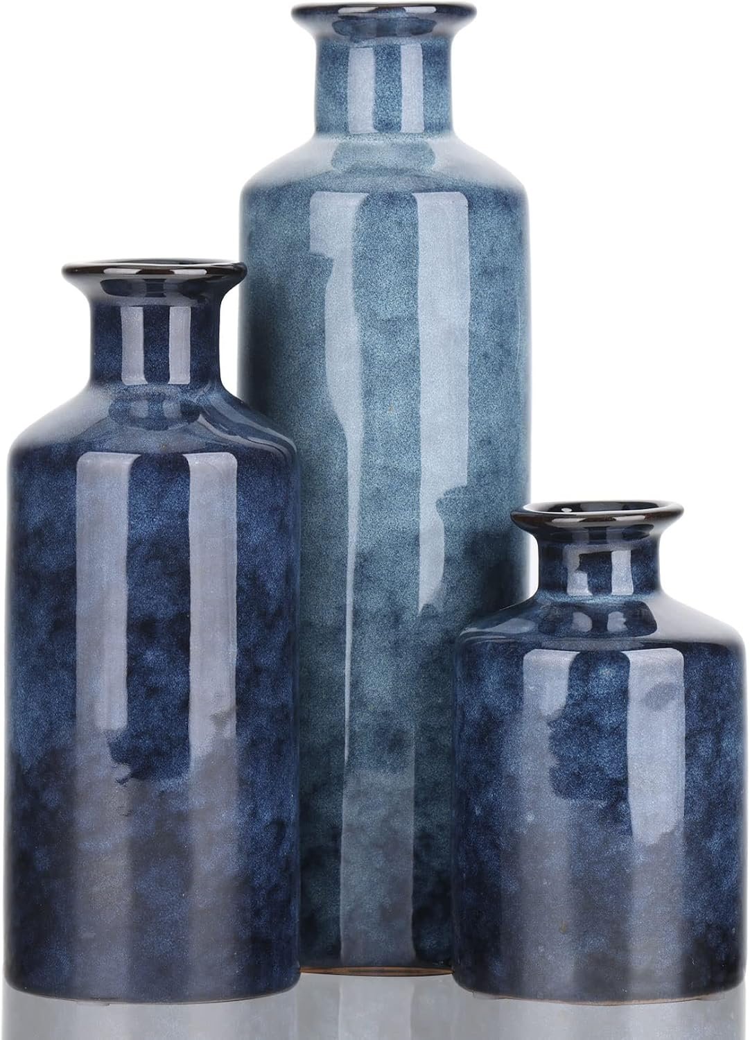 Blue Ceramic Vase Set – 3 Blue Small Vases, Farmhouse Country Flower Vase Home Decor, Living Room Decoration, Table Decoration, Fireplace Decor, and Entrance Decorations Centerpieces