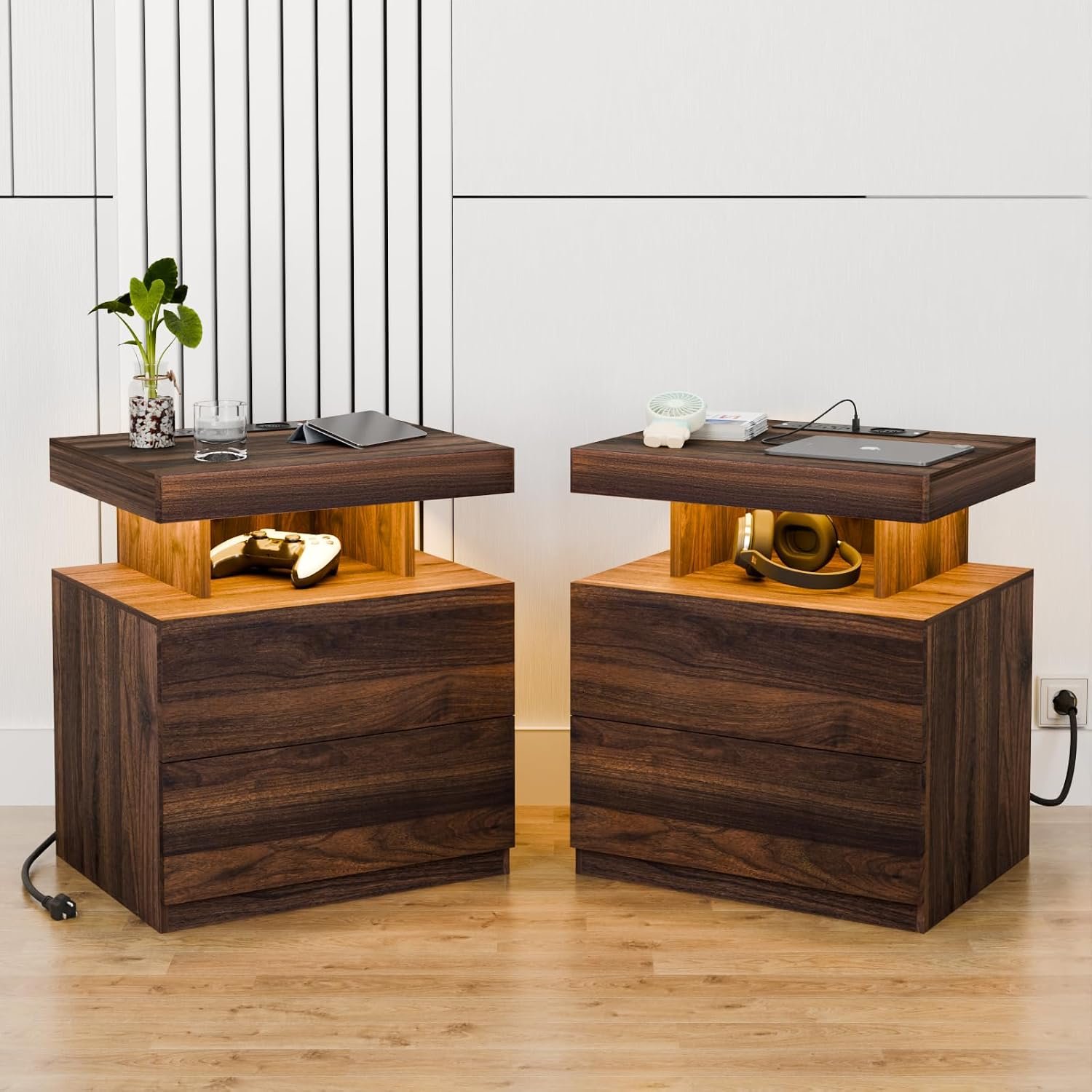 HOMMPA Set of 2 Rustic Nightstand with Wireless Charging Station LED Bedside Table with 2 Drawers End Table with Open Shelf Smart Nightstand Night Stand with Led Light for Bedroom Dark Walnut Wood