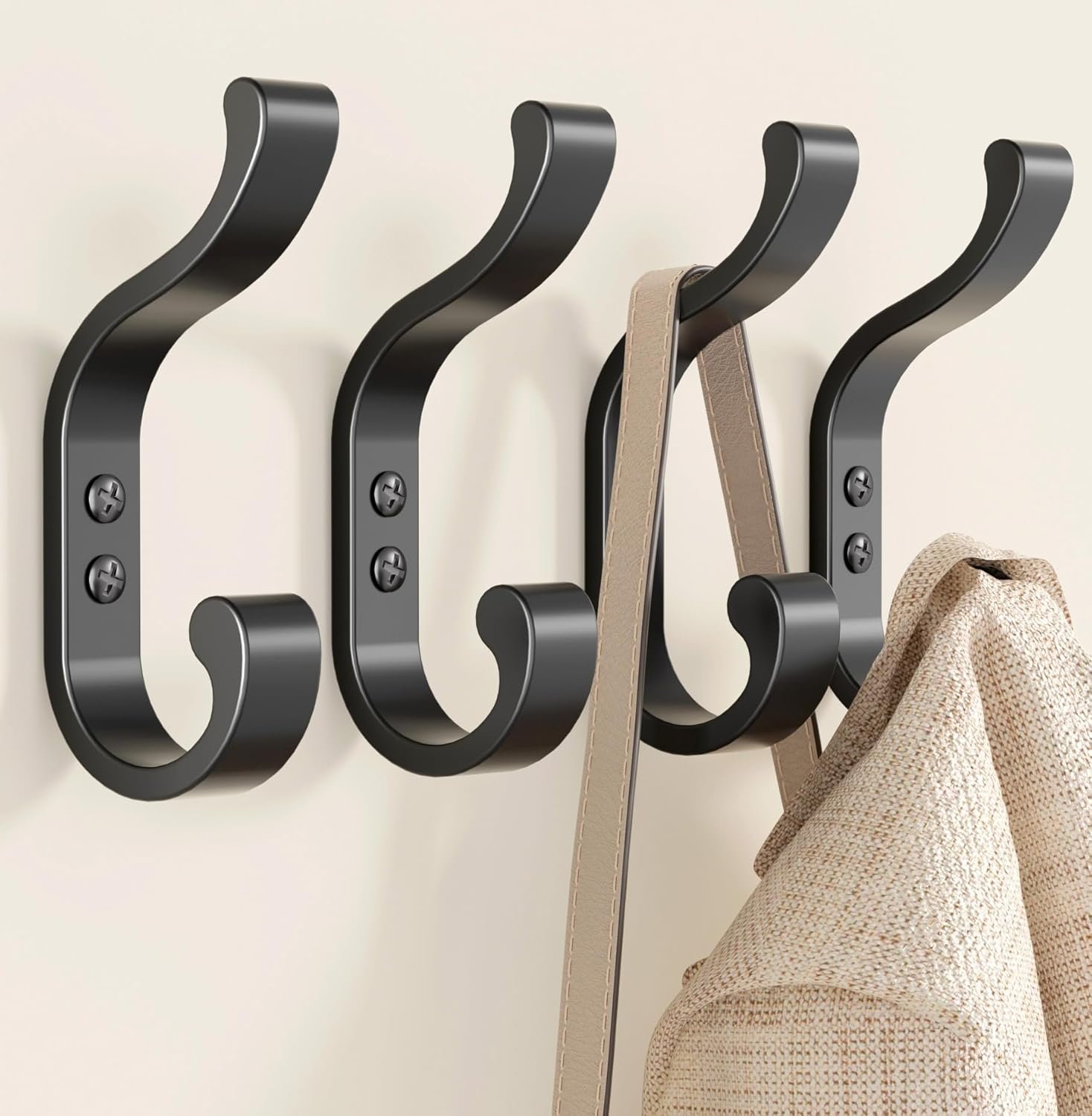 Coat Hooks Wall Mount,Heavy Duty Wall Hooks for Backpack,Towel,Black 4 Pack | Large Coat Hangers Holds 30LB, Metal Screw-In Hooks for Door, Closet, Bathroom, Clothes, Purse, Bag, Jacket, Robe