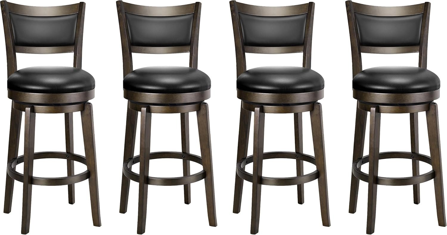 PrimeZone Swivel Bar Stools Set of 4, 26 Inch Counter Height Barstools, Black Faux Leather Bar Stool with High Backrest & Solid Wood Legs & Wrap-around Footrest, Counter Stools for Kitchen Island, Pub