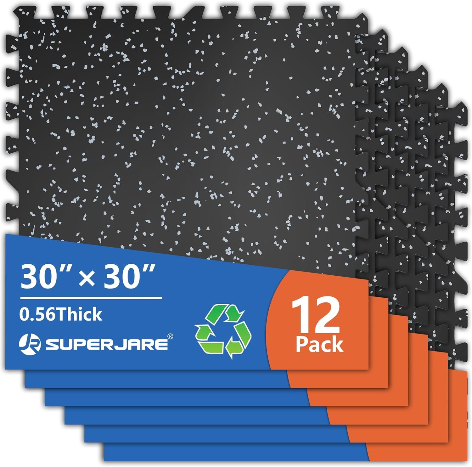 SUPERJARE 30″ x 30″ Larger Rubber Top Exercise Equipment Mats, 0.56″ Thick 12PCS 75 Sq Ft High-Density EVA Foam Interlocking Gym Flooring, Big Workout Mat for Home Gym, Floor Protection, Black/Grey