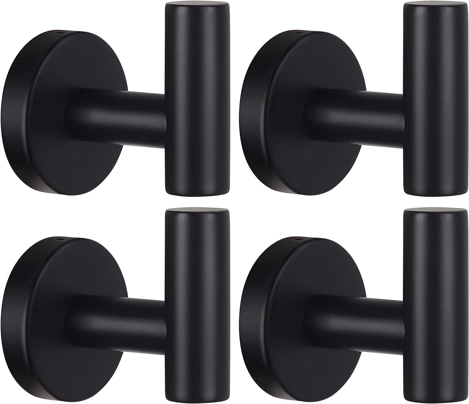 Towel Hooks Bathroom Coat Robe Wall Hook Heavy Duty Door Hanger Towel Robe Clothes Cabinet Closet Sponges Rack for Bathroom Bedroom Kitchen Hotel Pool 4 Packs Black(Drilling Installation)