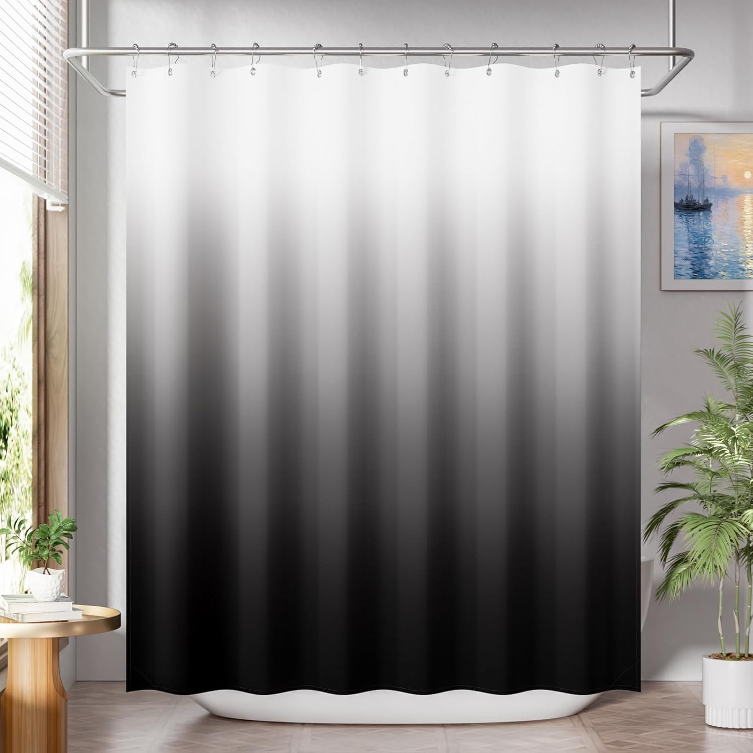 AmazerBath Shower Curtain, Cloth Ombre Black Shower Curtain Set with 12 Hooks, Washable Fabric Black and White Shower Curtain, Rustic Farmhouse Bathroom Shower Curtain, 72×72 Inches