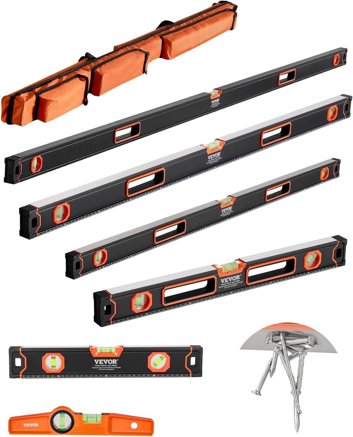 VEVOR 6-Piece Torpedo Level, 78/48/32/24/16/10 Inch All Magnetic Levels Set, Bubble Vials Ruler for 45/90/180 Degree, Aluminum Alloy Magnetic Box Leveler Tool, Shock-Resistance, SAE and Metric Scale | Bubble Vials Ruler for 45/90/180 Degree, Aluminum Alloy Magnetic Box Leveler Tool, Shock-Resistance, SAE and Metric Scale