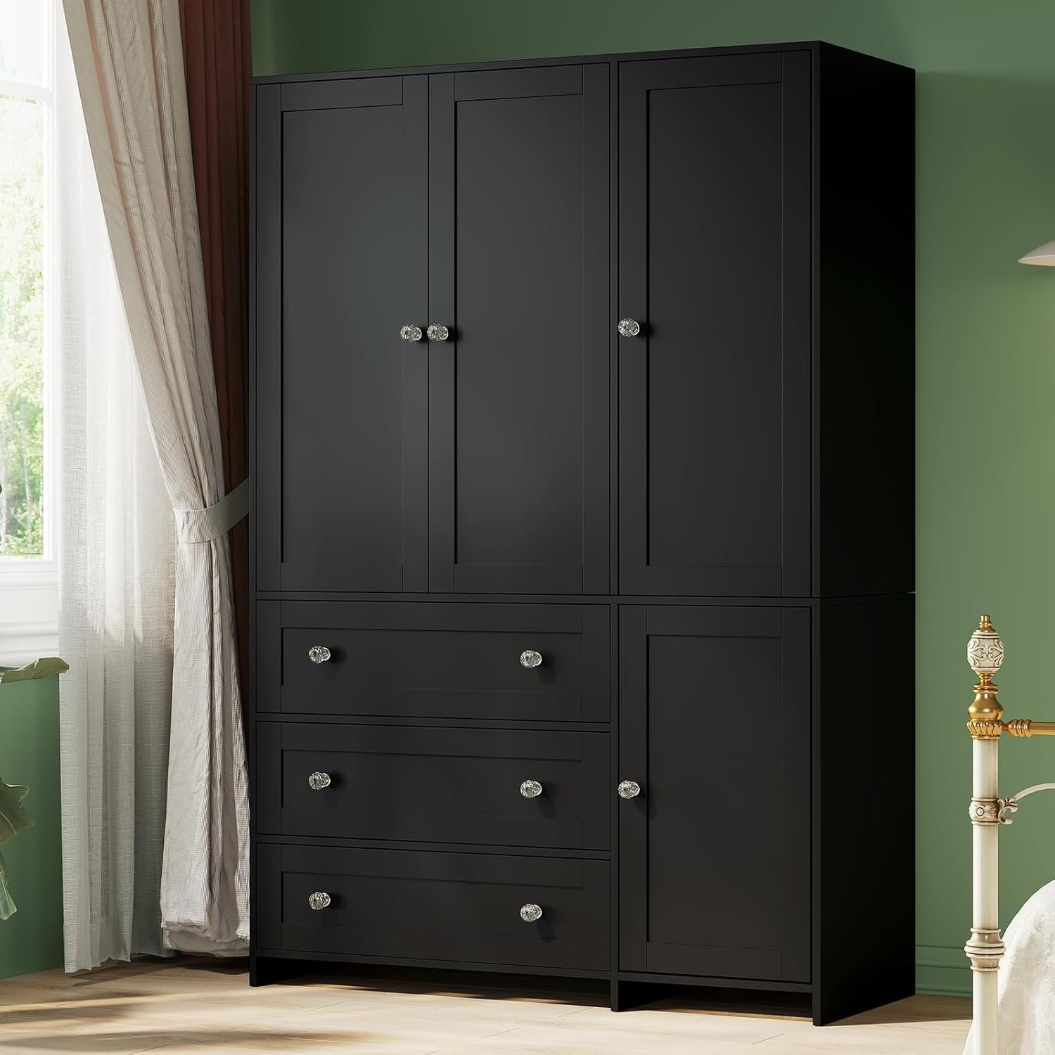 VOWNER 71″ Armoire Wardrobe Closet with 3 Drawers and Mirror | Clothing Storage Cabinet with Hanging Rod, 4 Doors Wooden Wardrobe Cabinet for Bedroom, Large Capacity Storage