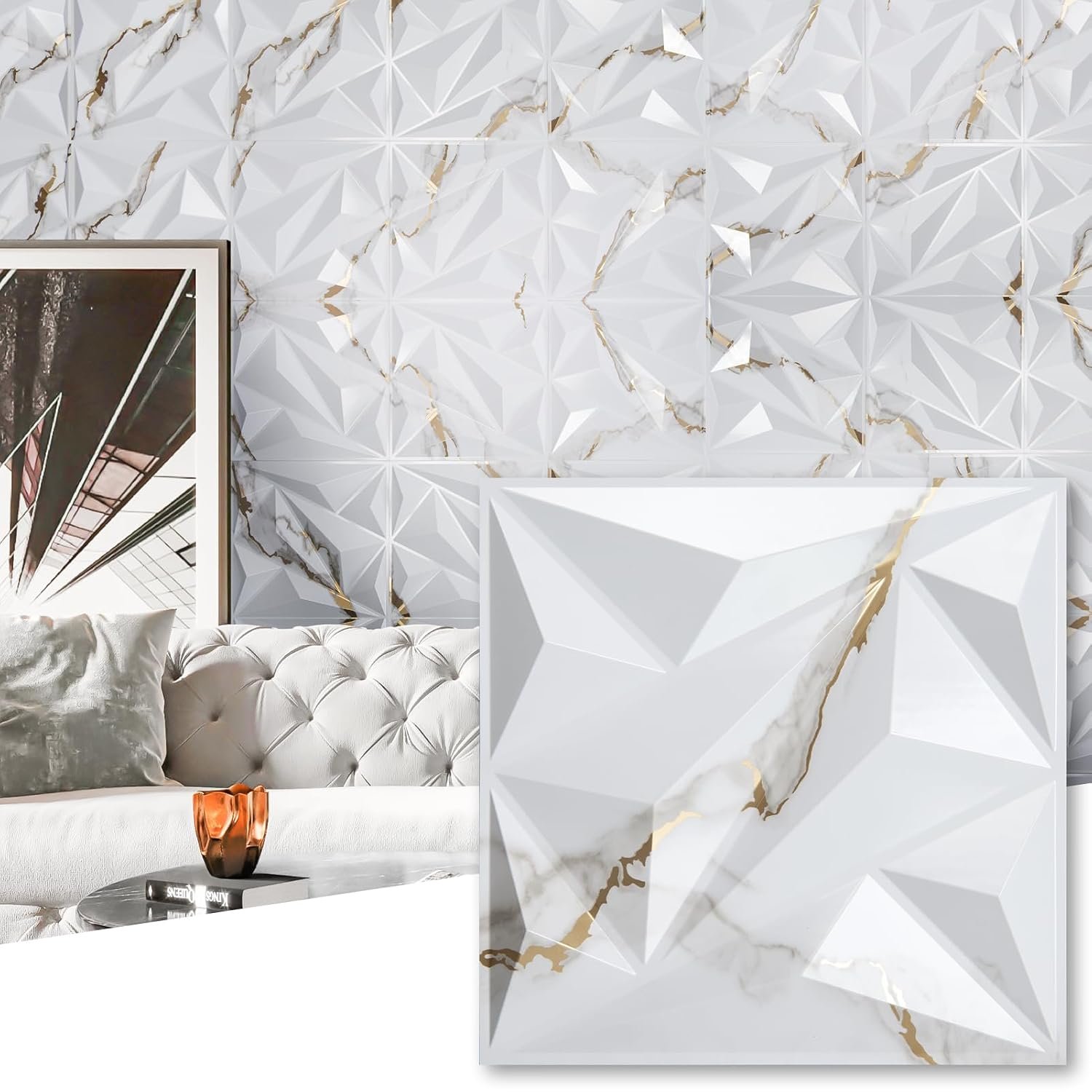 33 Pack 3D Wall Panel Diamond for Interior Wall Décor, PVC Textured Wall Panels, 12”x12” Cover 32.Sq.Ft. Gold Veined White | PVC Accent Wall Panels for Interior Wall Decor, Living Room Lobby Bedroom Hotel Office