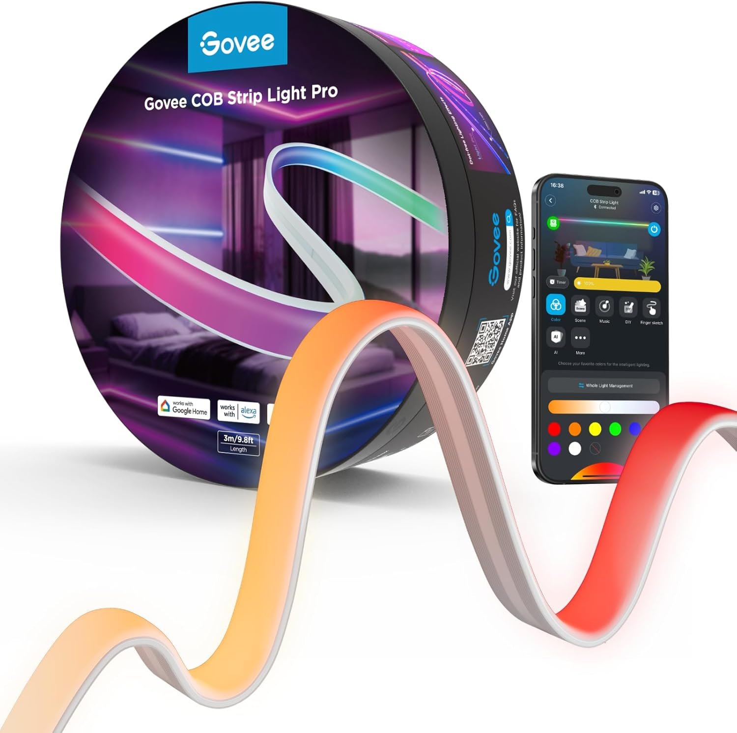 Govee COB LED Strip Light Pro, LED Lights for Bedroom Compatible with Alexa, Google Assistant and Matter, RGBICW Light with Warm White, Smart Strip Light, LED Lights for Bedroom, Color Changing, 9.8ft | Work with Alexa, Google Assistant and Matter, Smart Strip Lights, LED Lights for Bedroom, Color Changing