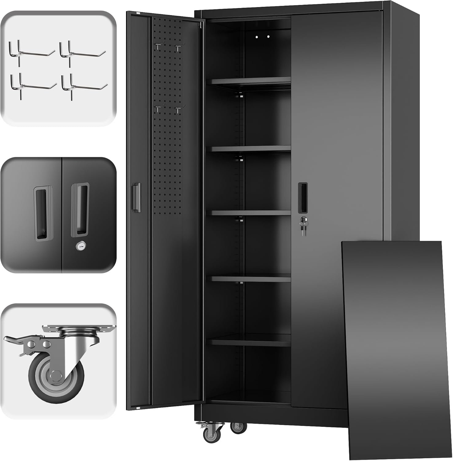 71″ Metal Storage Cabinet with Wheels, Pegboard, Lock, 5 Shelves | Locking steel cabinet with wheels, pegboard and 5 shelves for garage, workshop, office or pantry; assembly required.