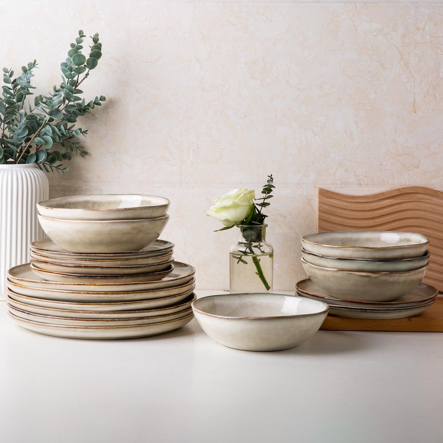 AmorArc Ceramic Dinnerware Sets for 8, 24Pcs Plates and Bowls Sets Dishes | Stoneware Handmade Reactive Glaze Dinner Set, Highly Scratch Resistant | Dishwasher & Microwave Safe Dishware-Cappuccino