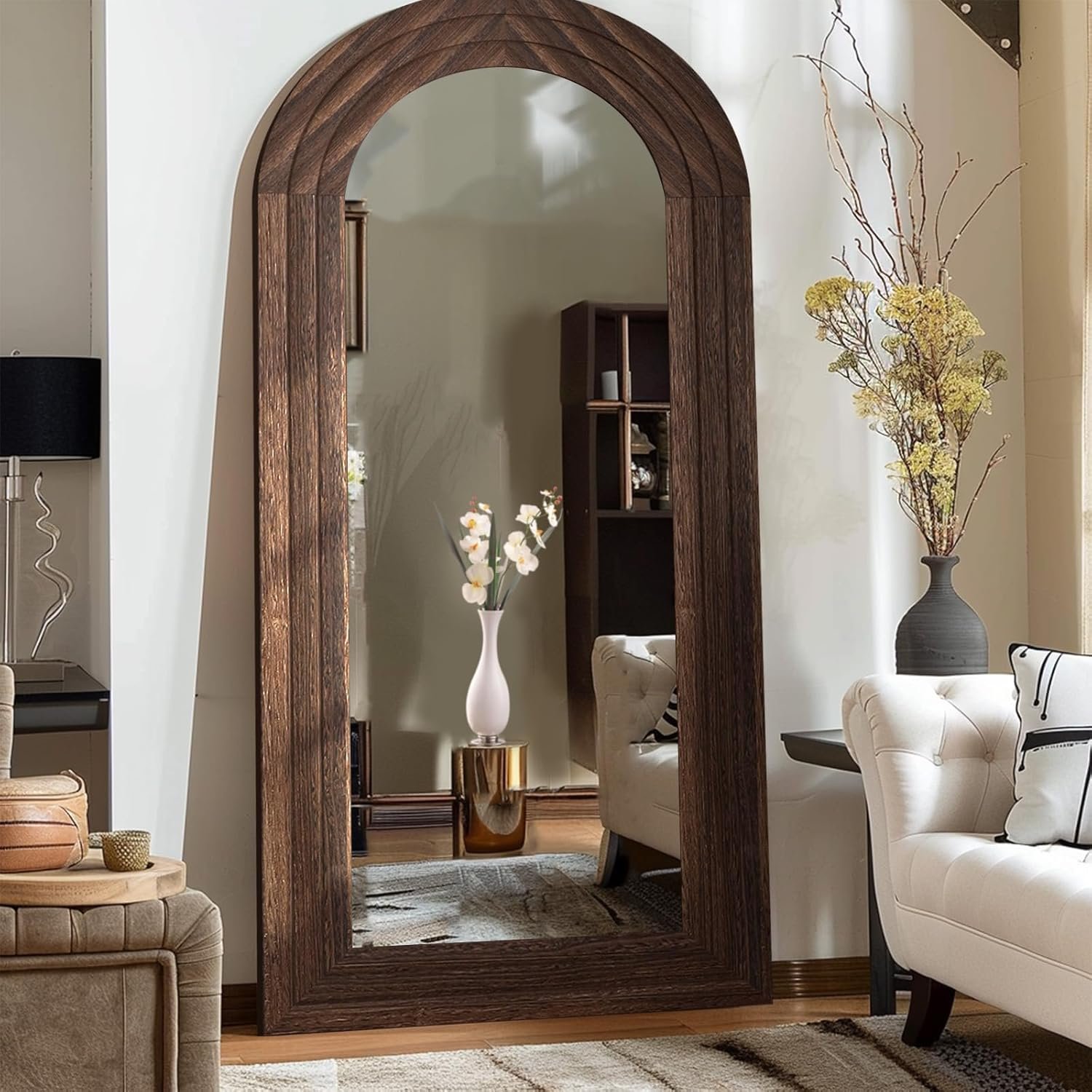 ZHUNFA Arched Full Length Mirror with Solid Wood Frame | 71×32 Farmhouse Wall Mounted Floor Mirror with Stand, Vertical Hanging, Leaning Standing for Bedroom, Living Room, Brown