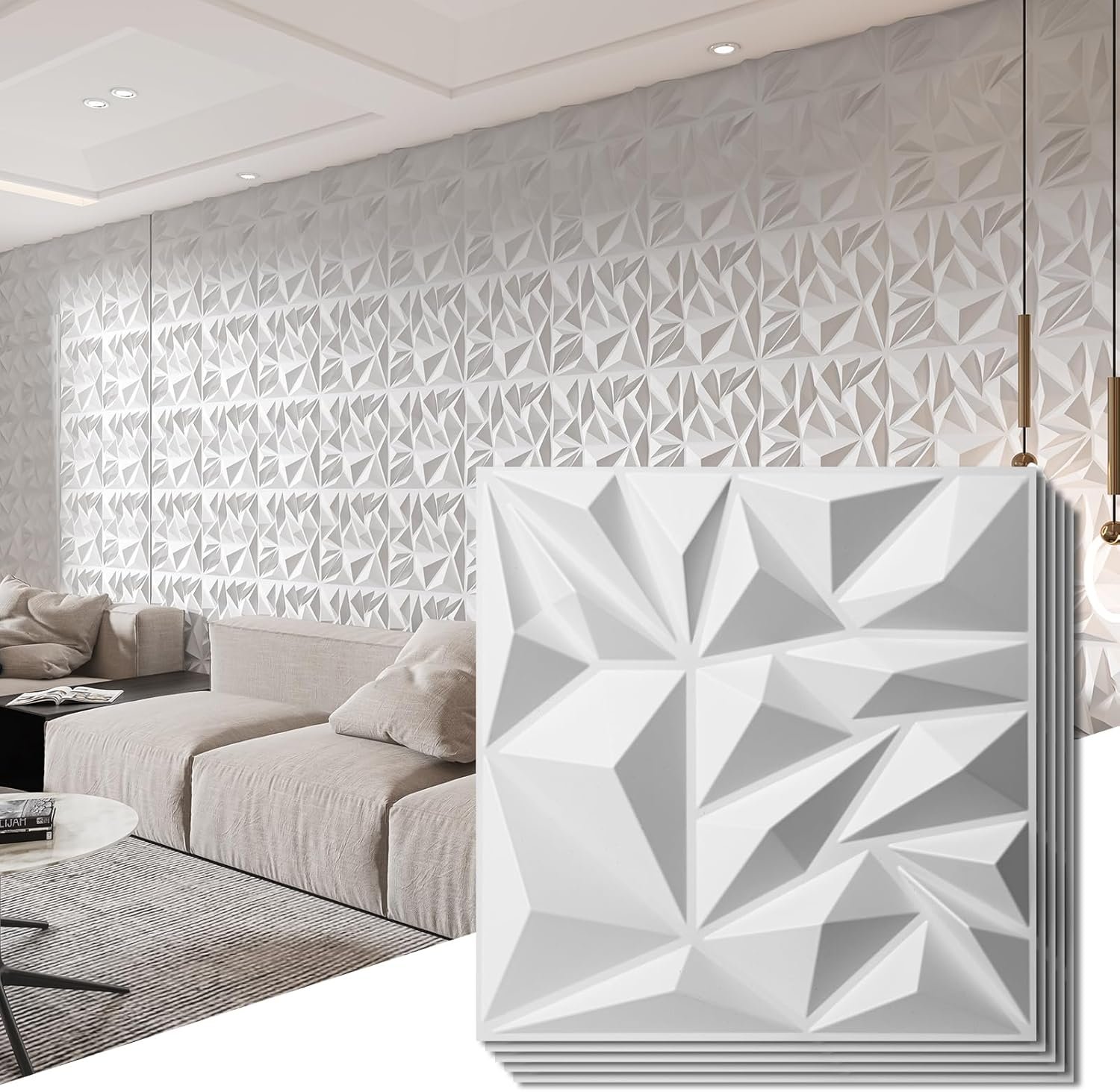 Art3d 50-Pack Modern Diamond Textured 3D Wall Panels, 12 x 12 in, White | Light PVC, Waterproof, Scratch Proof, Decorative Wall, Ideal for Home, Office & Commercial Spaces