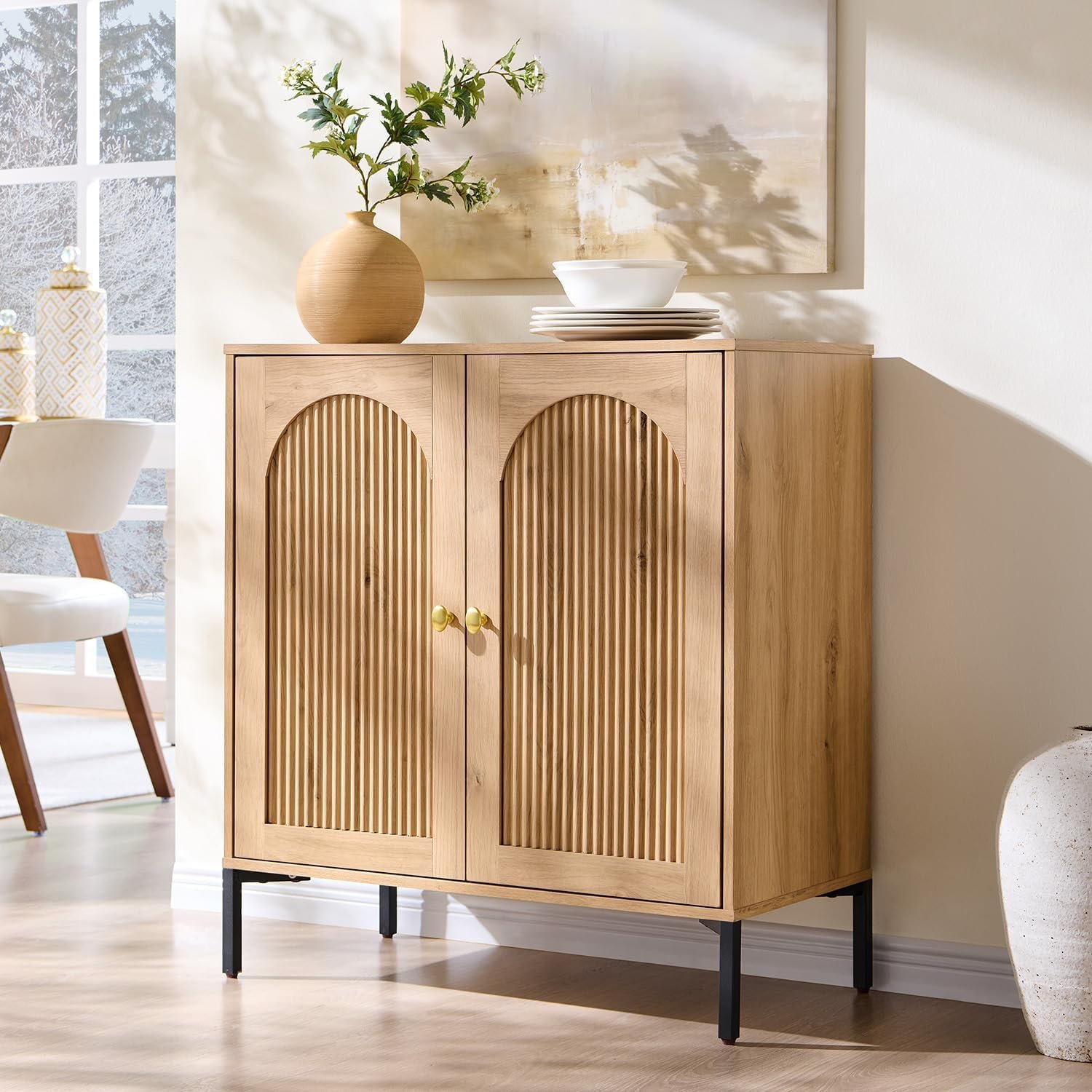 IFGET 34″ Tall Modern Arched Sideboard Buffet Cabinet with Storage, Natural | Fluted Arch Sideboard Cabinet w/Adjustable Shelves, Wooden Modular Kitchen Cabinet for Dining& Living Room, Entryway